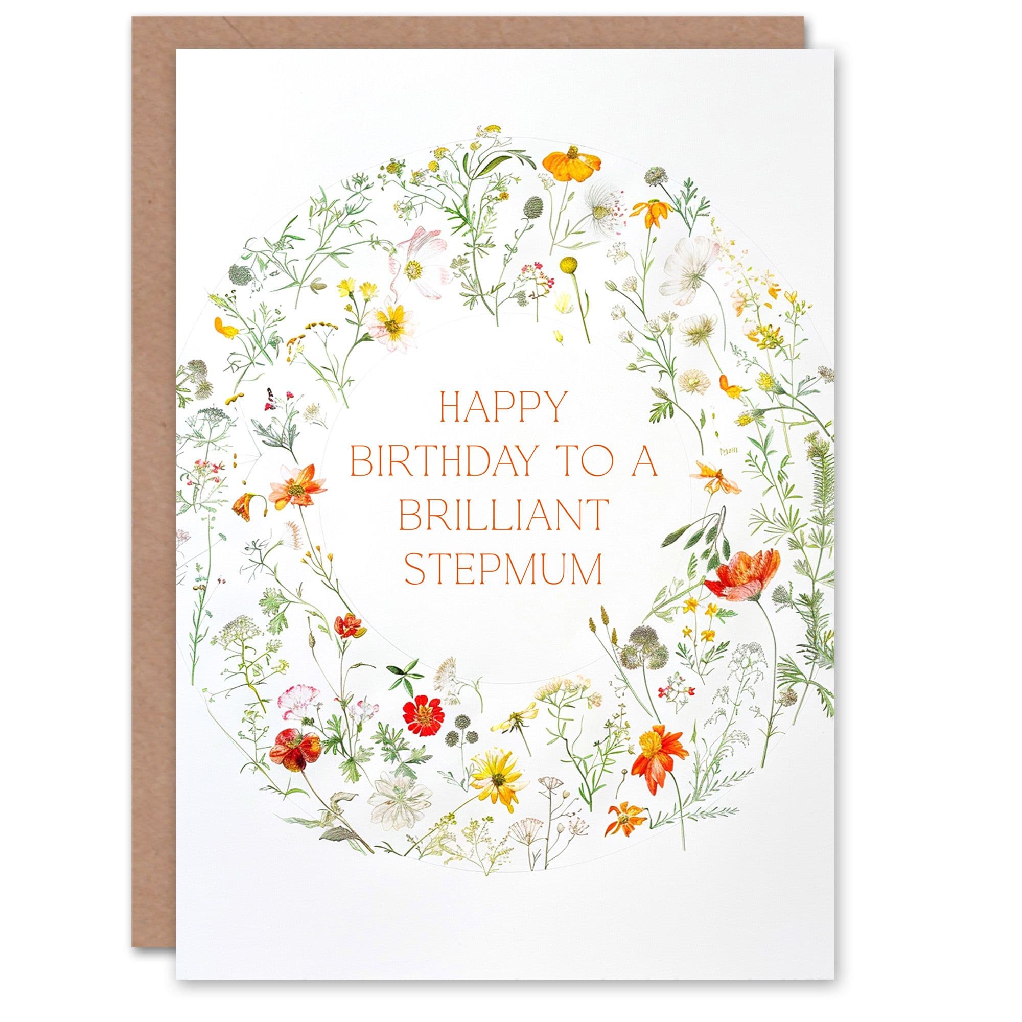 Stepmum Happy Birthday Card Simple Delicate Elegant Floral Circle Flowers And Plants Gardening For Her Greeting Card