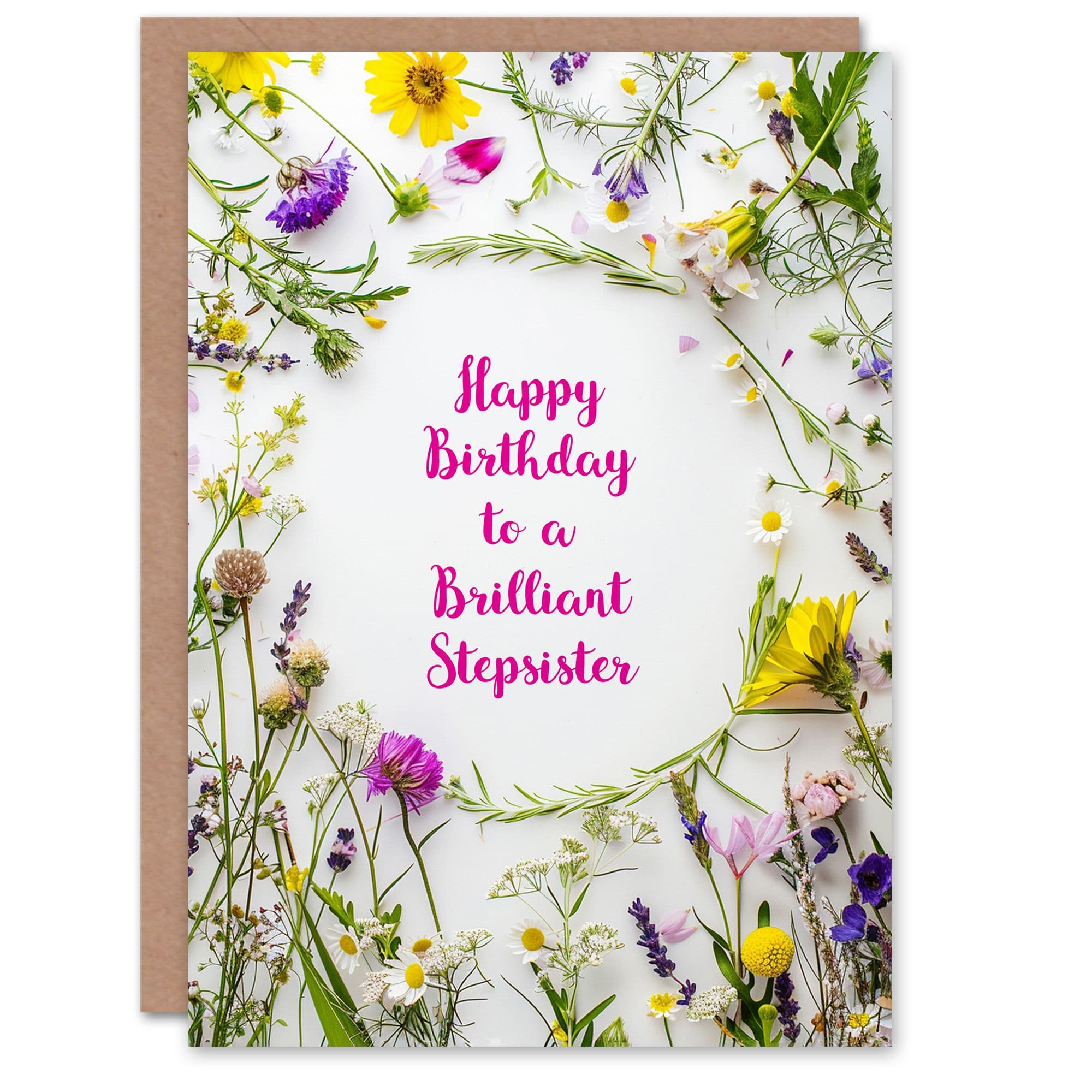 Stepsister Happy Birthday Card Simple Spring Meadow Wildflowers Floral Her Greeting Card