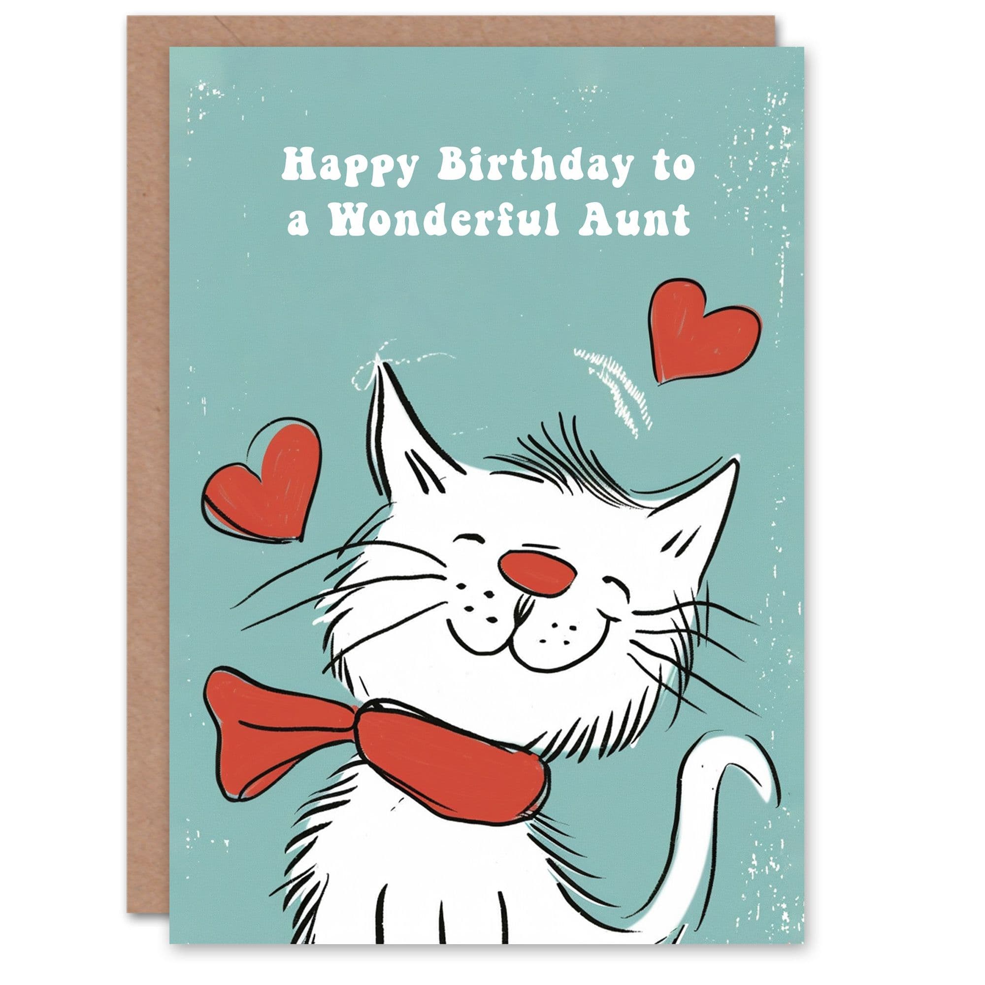 Aunt Happy Birthday Card Happy White Cat In Scarf Drawing Love Hearts For Her Greeting Card