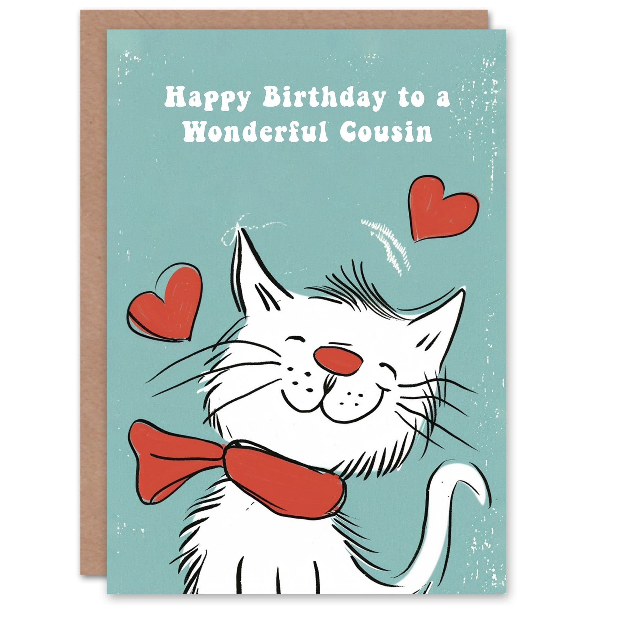 Cousin Happy Birthday Card Happy Cat Scarf Drawing Love Hearts Her Greeting Card