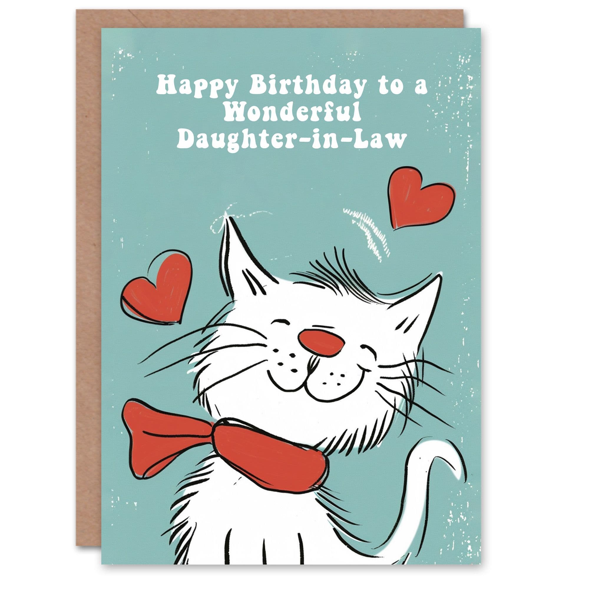 Daughter In Law Happy Birthday Card Happy White Cat In Scarf Drawing Love Hearts For Her Greeting Card