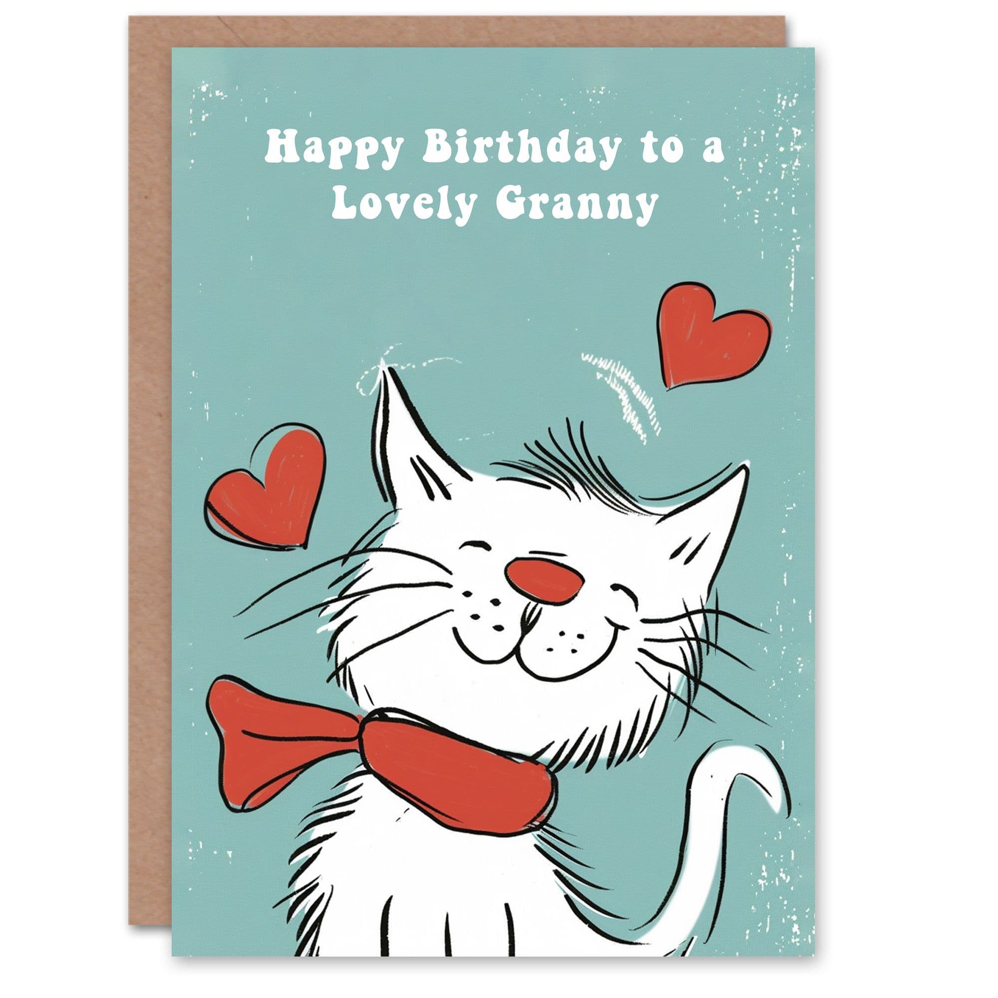 Granny Happy Birthday Card Happy White Cat In Scarf Drawing Love Hearts For Her Greeting Card