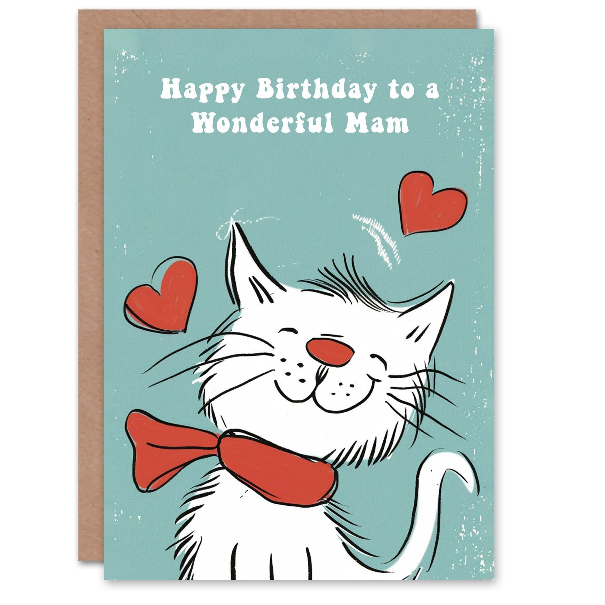 Mam Happy Birthday Card Happy White Cat In Scarf Drawing Love Hearts For Her Greeting Card