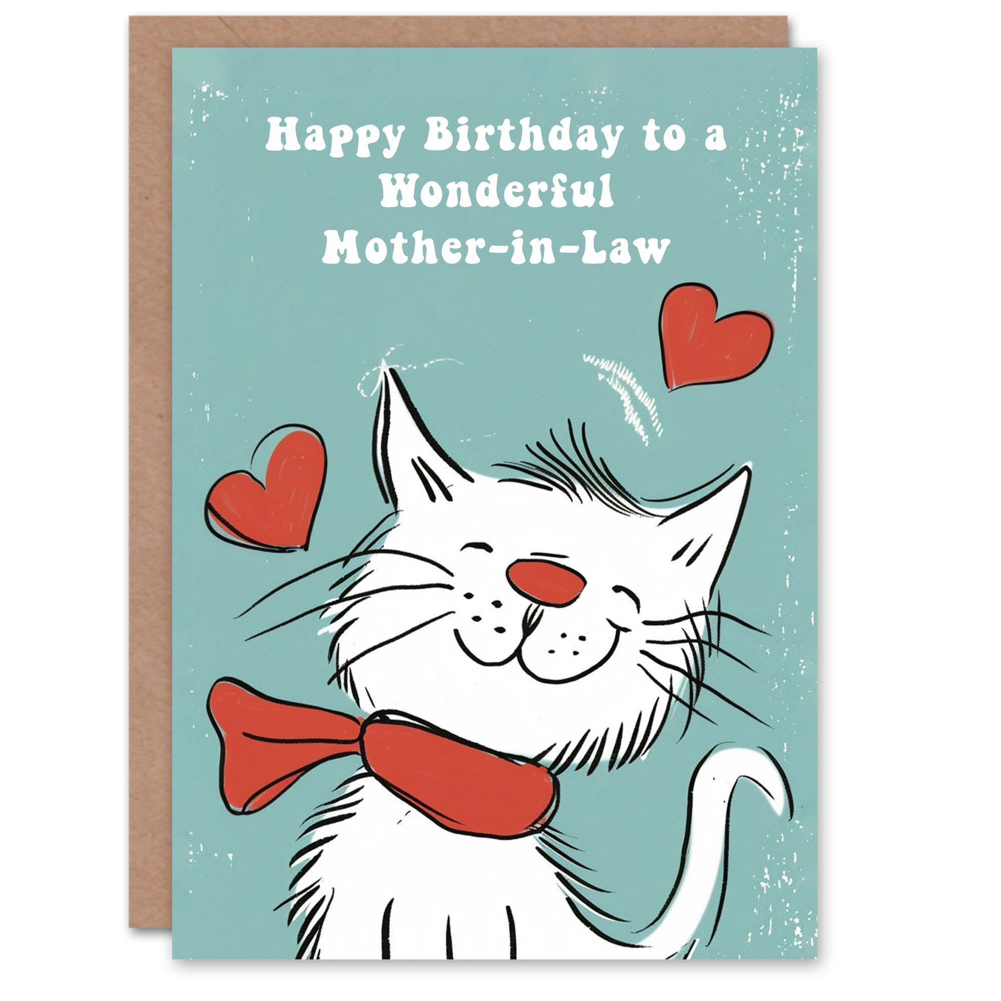 Mother In Law Happy Birthday Card Happy White Cat In Scarf Drawing Love Hearts For Her Greeting Card