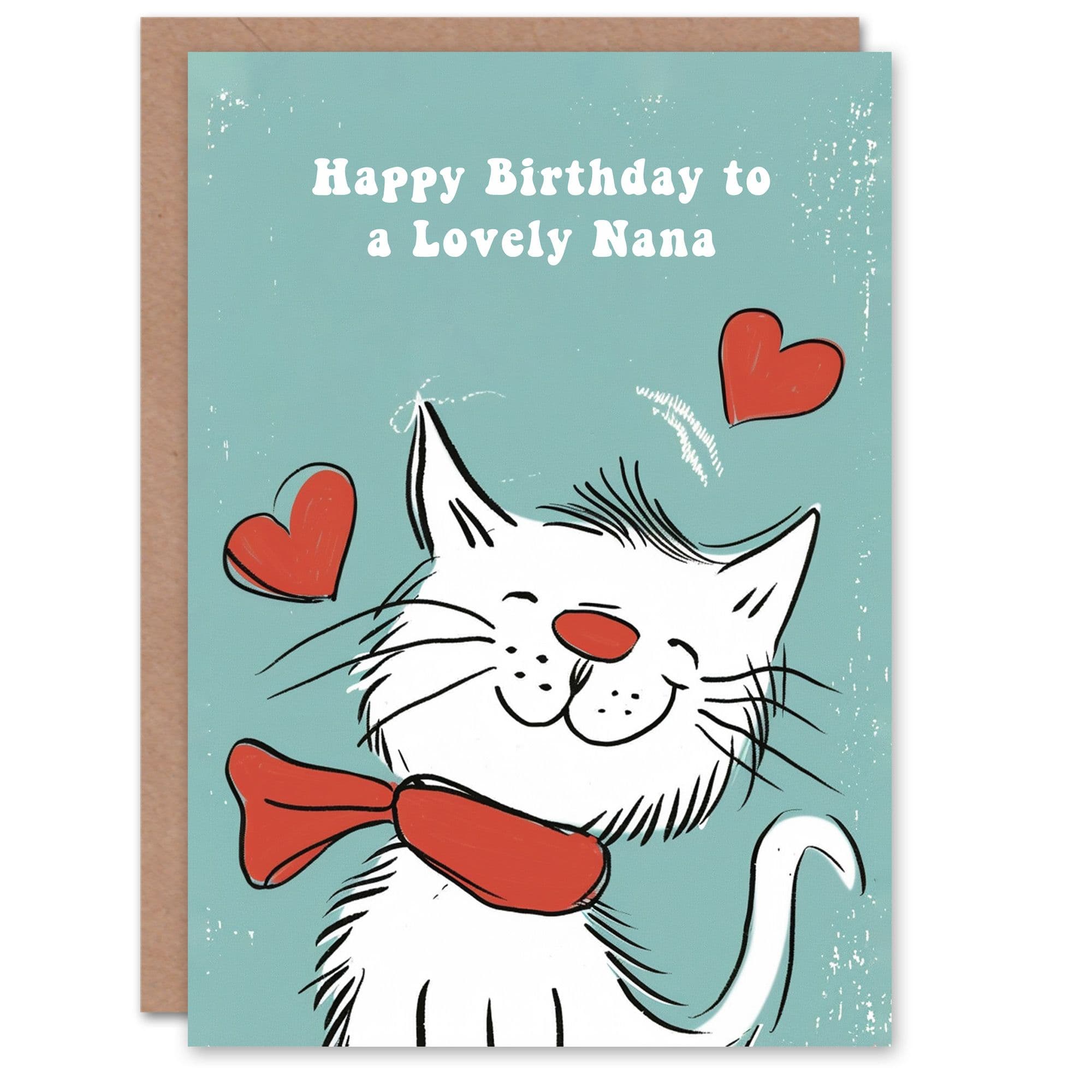 Nana Happy Birthday Card Happy White Cat In Scarf Drawing Love Hearts For Her Greeting Card