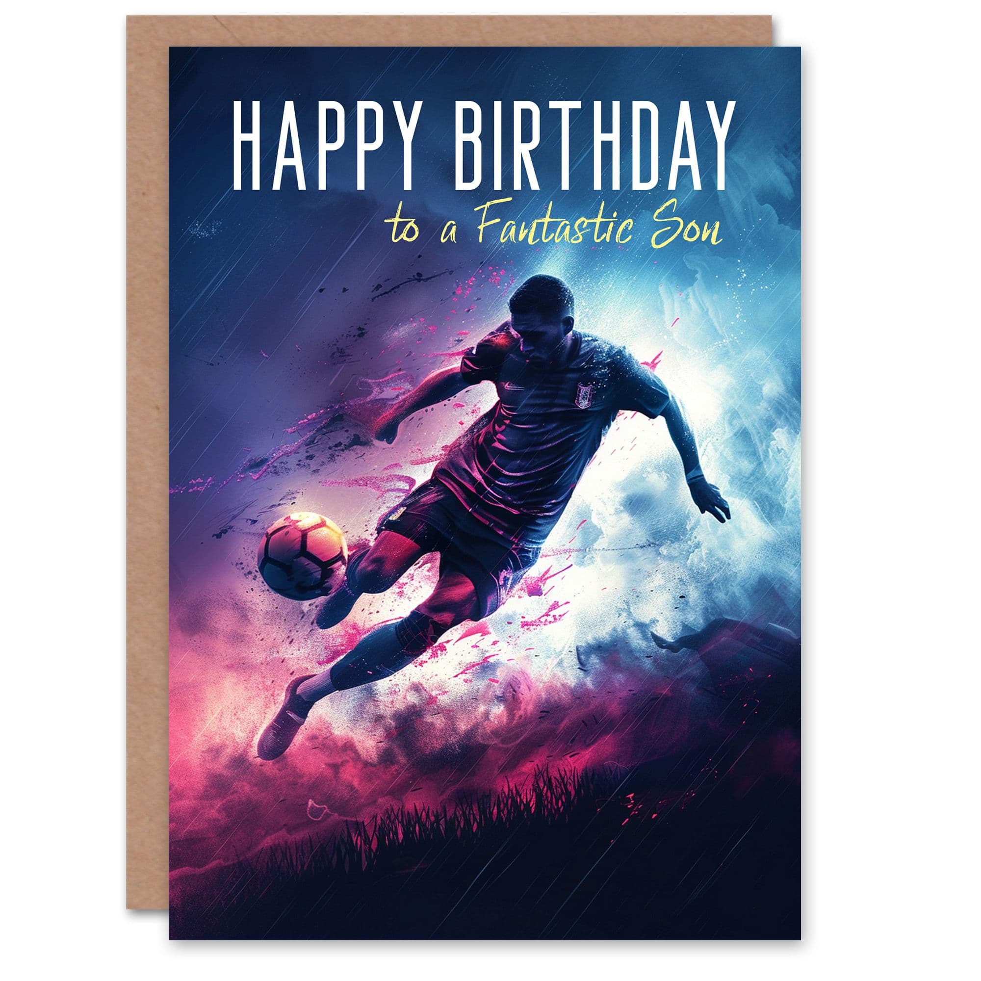 Happy Birthday Card to Fantastic Son Football Lover Sport Footy Striker Soccer Goal
