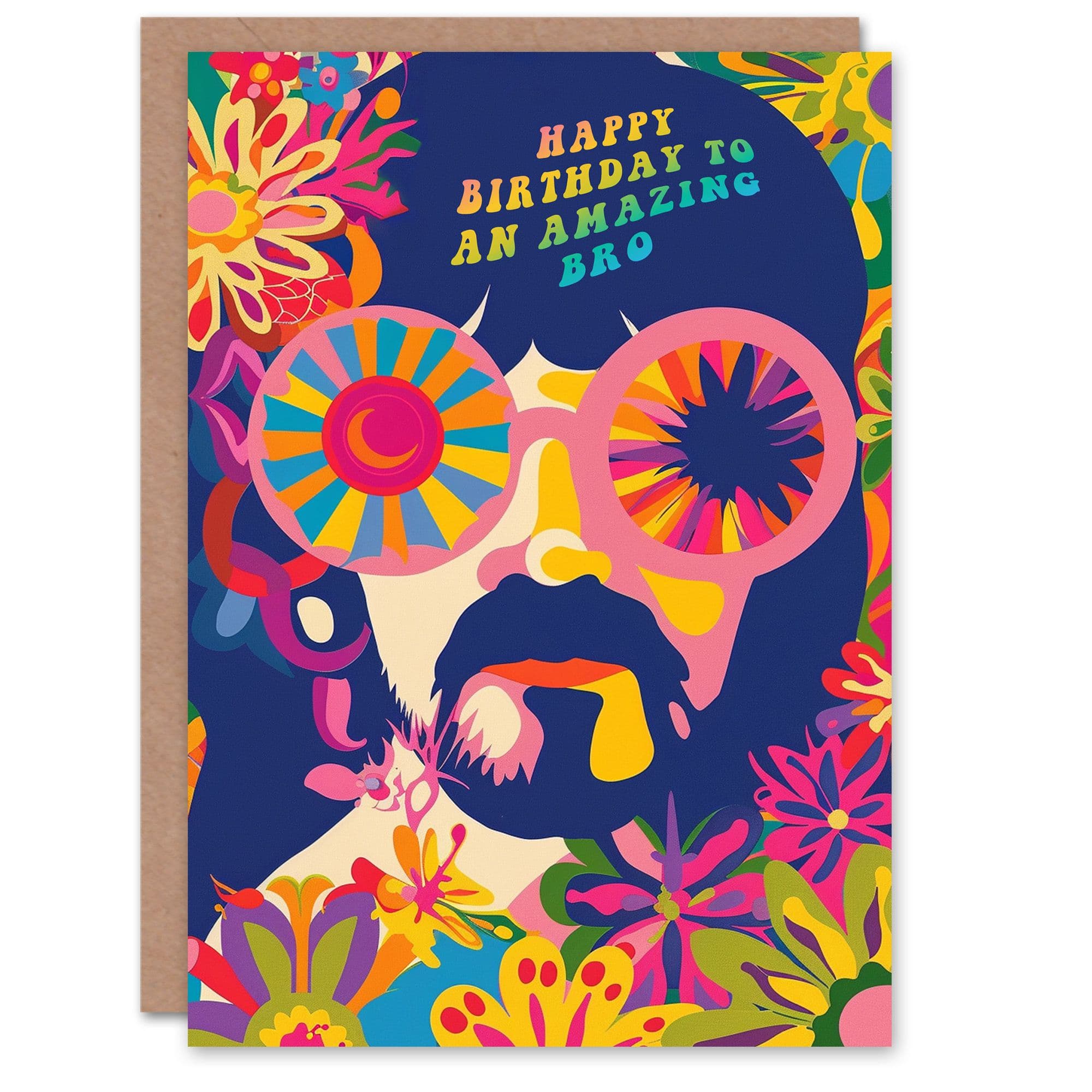 Happy Birthday Card to Amazing Bro Brother Hippy Flower Power Hippie 1960s Psychedelic Trippy