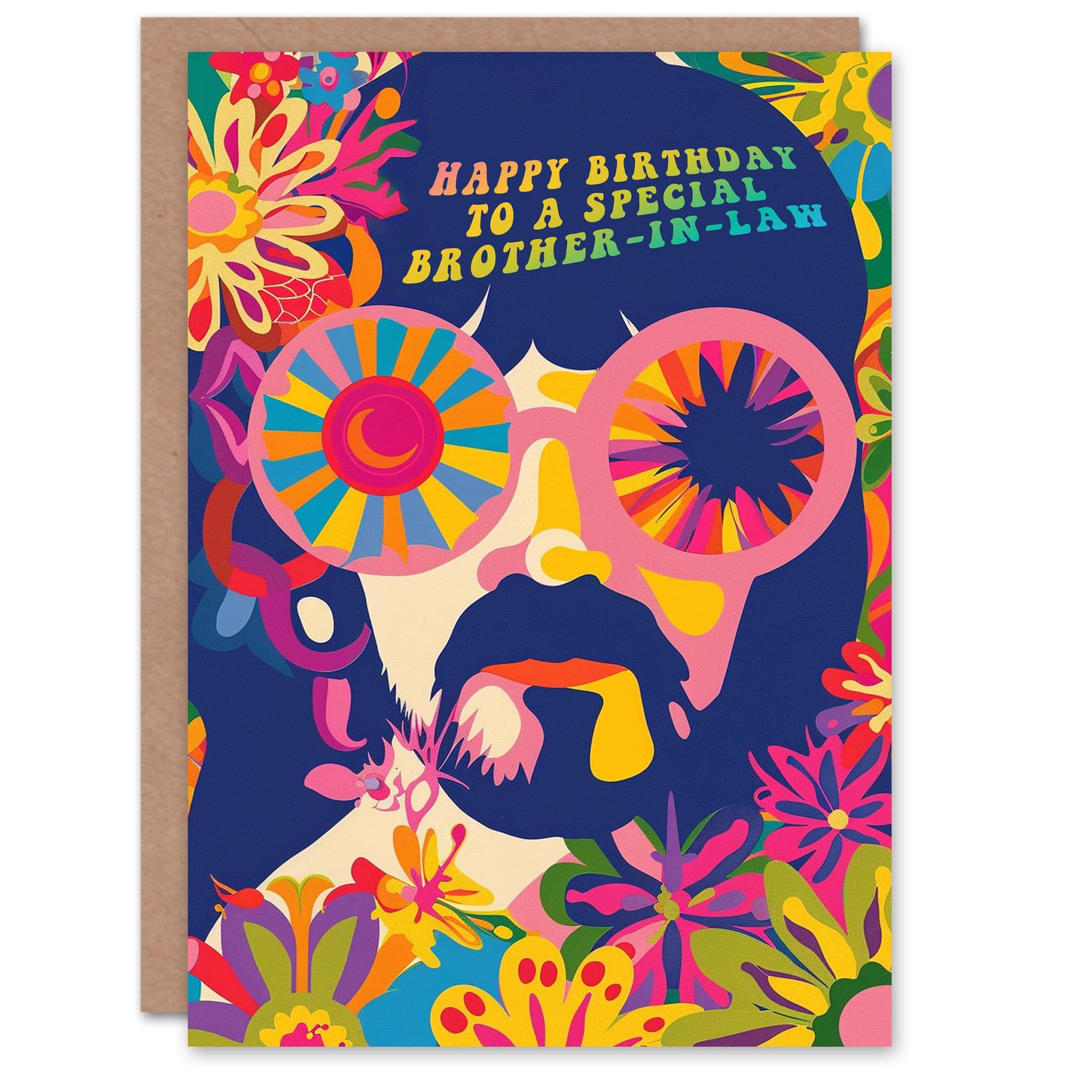 Happy Birthday Card to Special Brother Law Hippy Flower Power Hippie 1960s Psychedelic Trippy