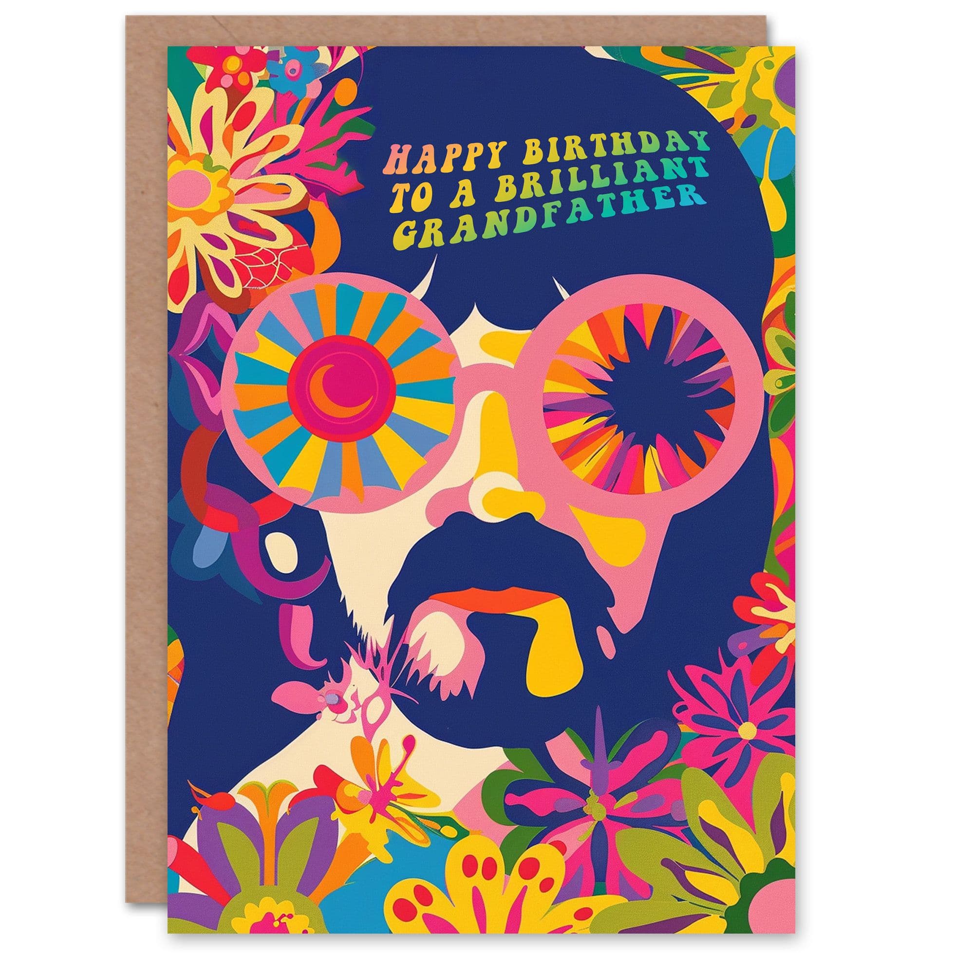 Happy Birthday Card to Brilliant Grandfather Hippy Flower Power Hippie 1960s Psychedelic Trippy