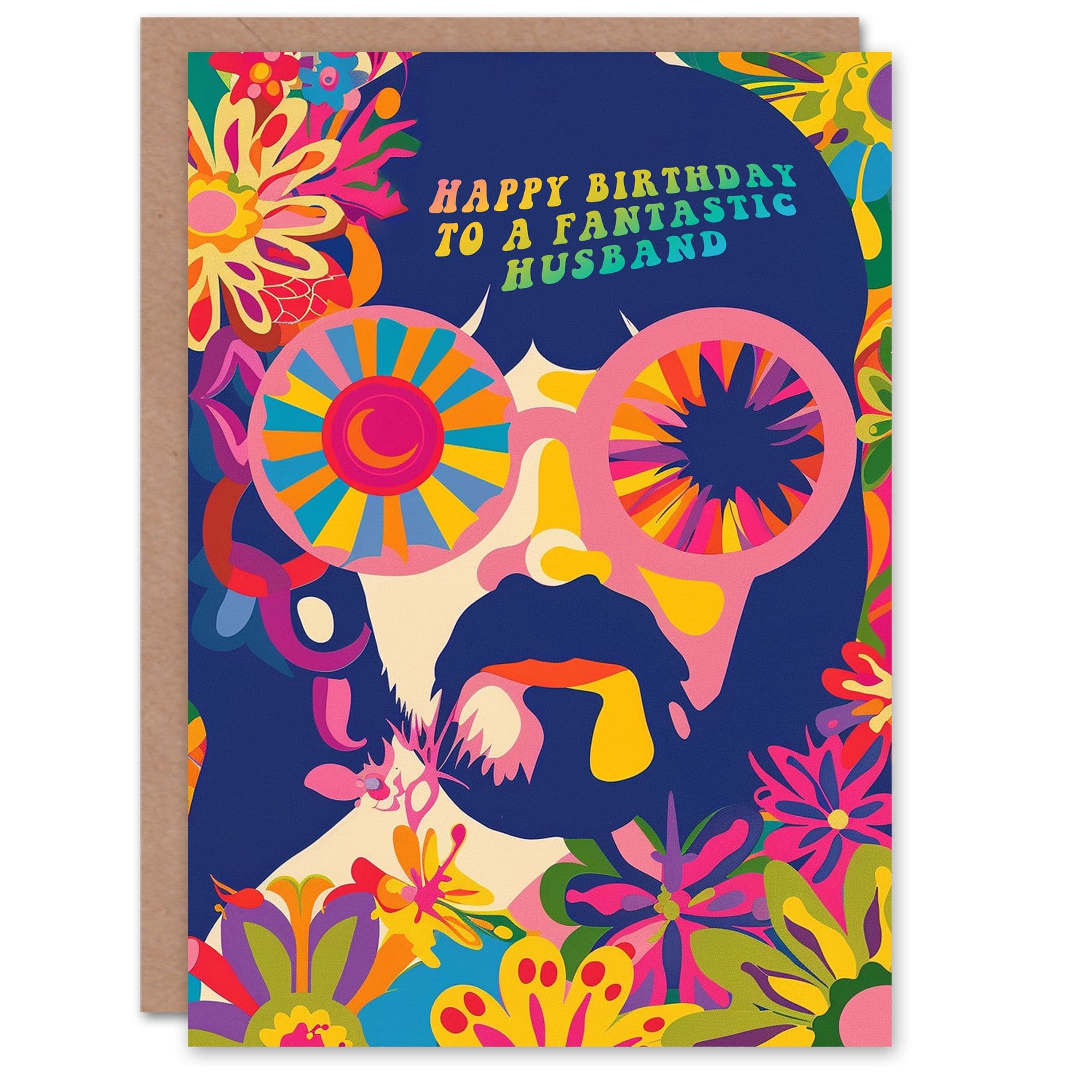 Happy Birthday Card to Fantastic Husband Hippy Flower Power Hippie 1960s Psychedelic Trippy