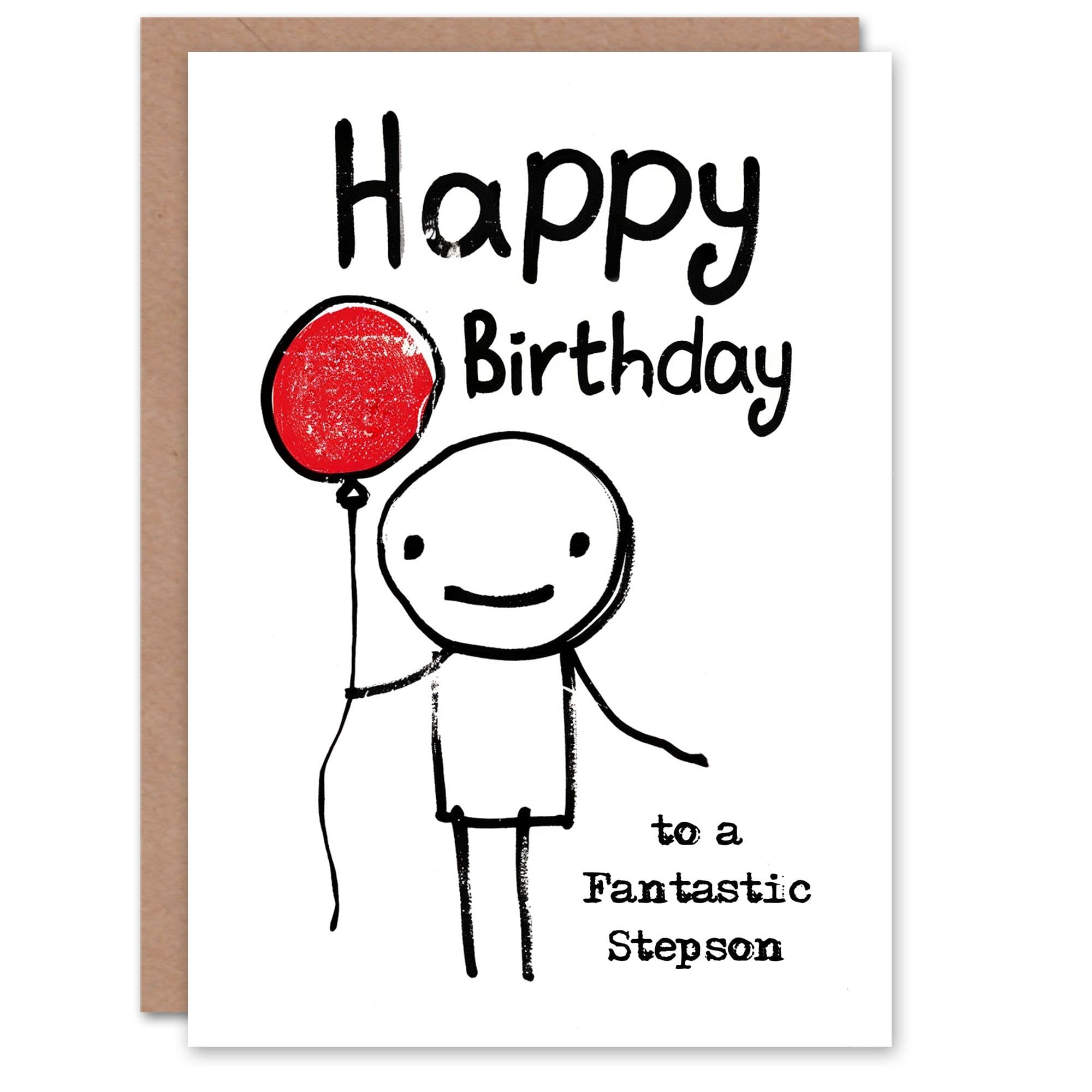 Happy Birthday Card to a Fantastic Stepson Stick Man Red Balloon Simple