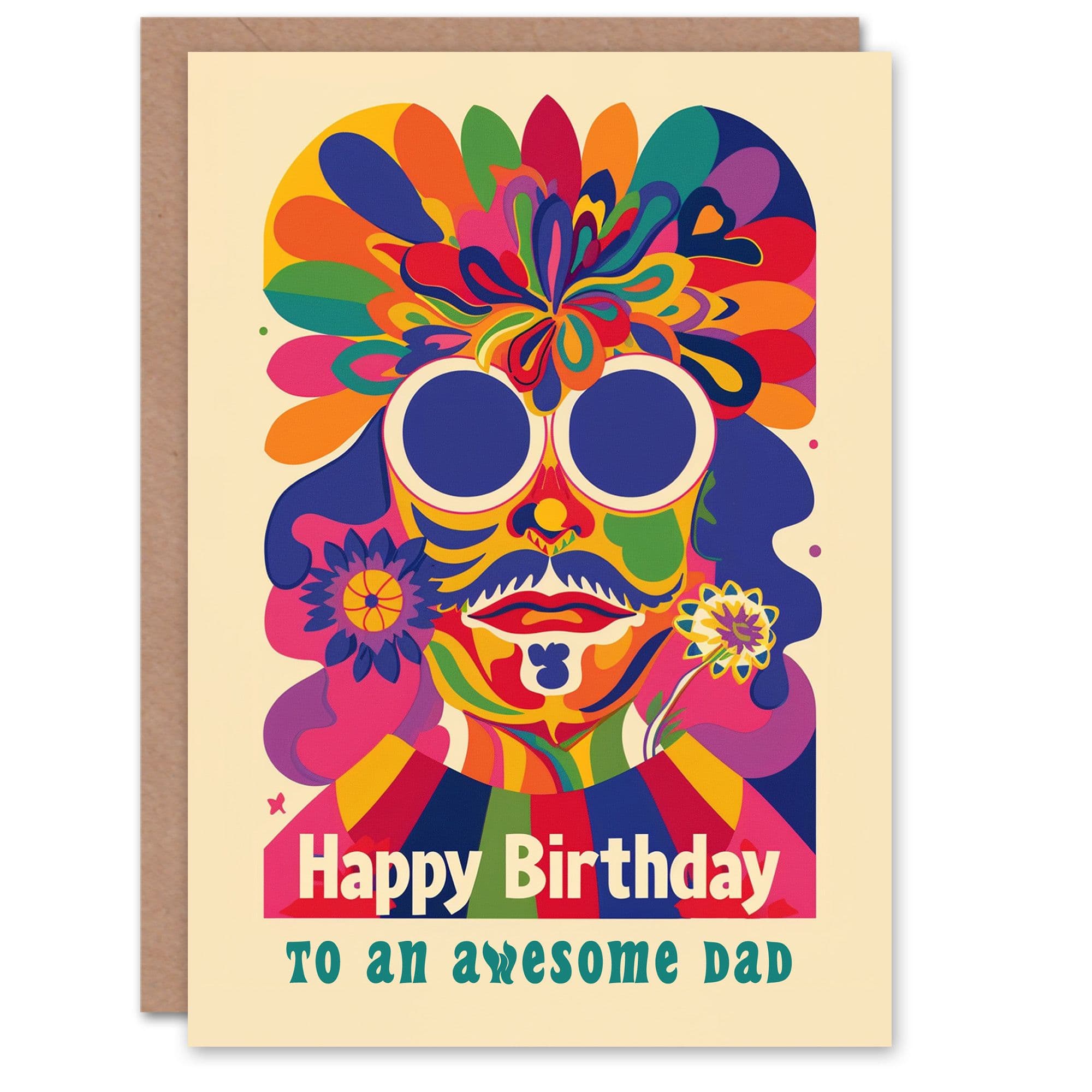 Happy Birthday Card to an Awesome Dad Colourful Trippy Hippy Psychedelic Retro Hippie