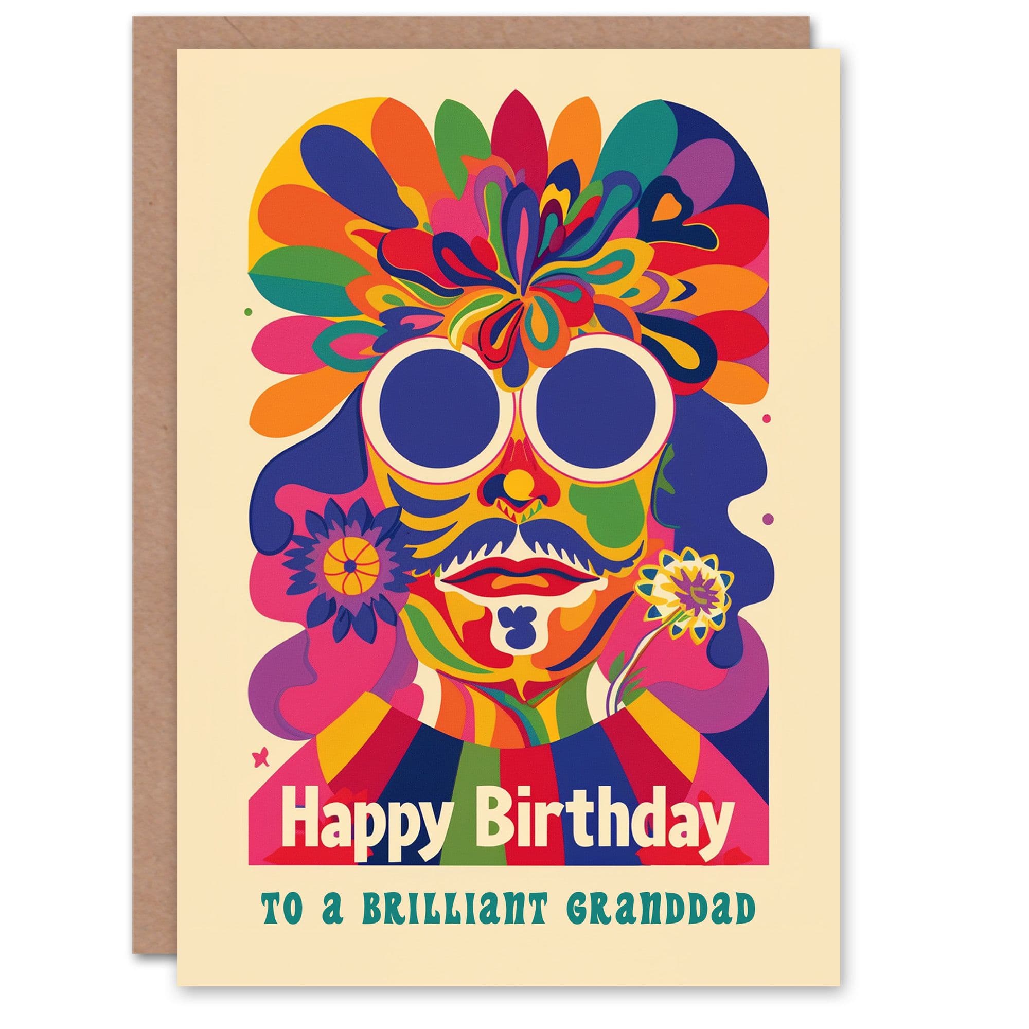 Happy Birthday Card to a Brilliant Granddad Colourful Trippy Hippy Psychedelic Retro Hippie