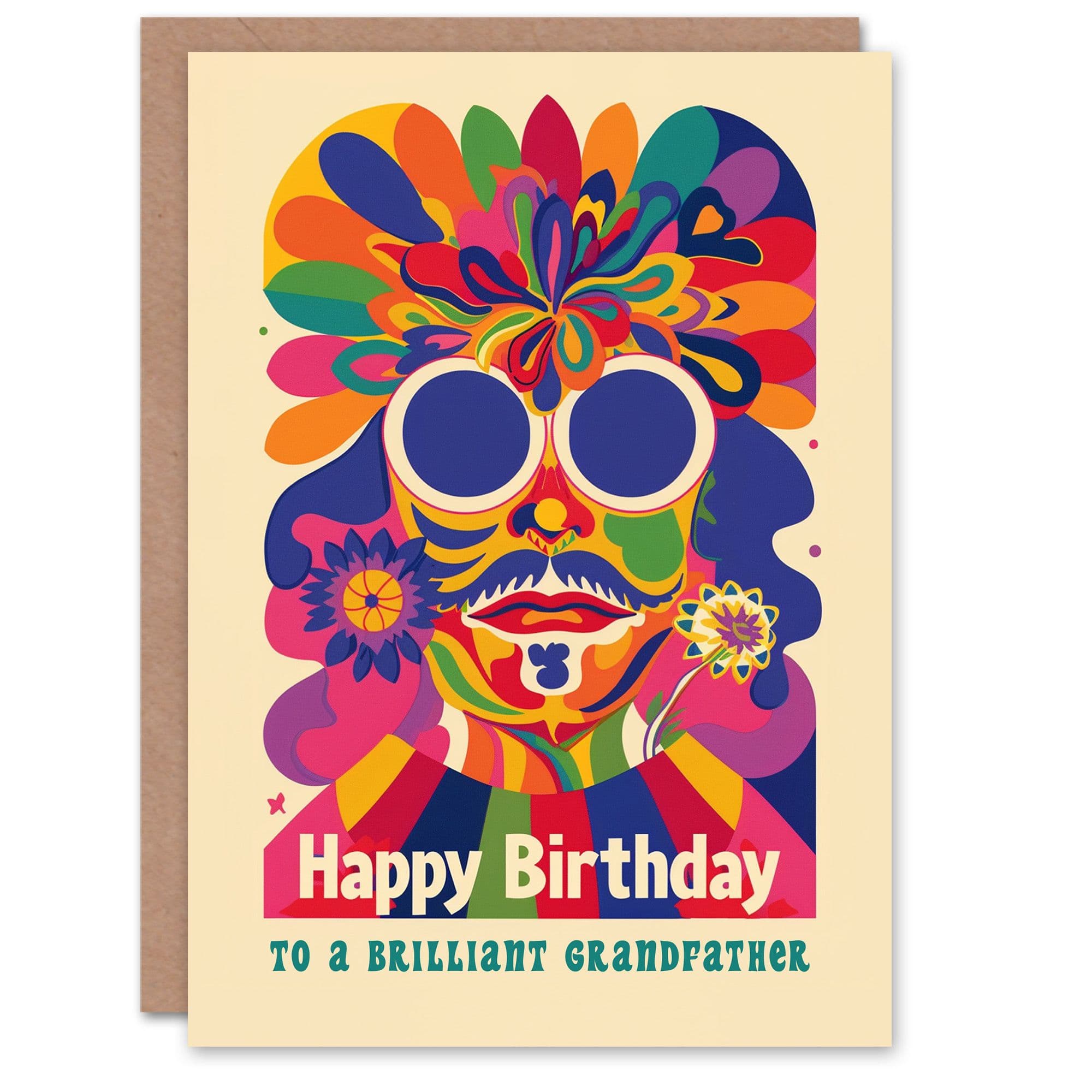 Happy Birthday Card to a Brilliant Grandfather Colourful Trippy Hippy Psychedelic Retro Hippie