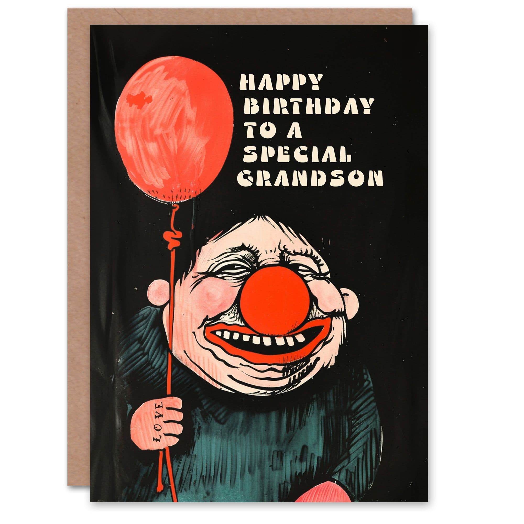Happy Birthday Card to Special Grandson Creepy Clown Balloon Dark Fun Weird Odd