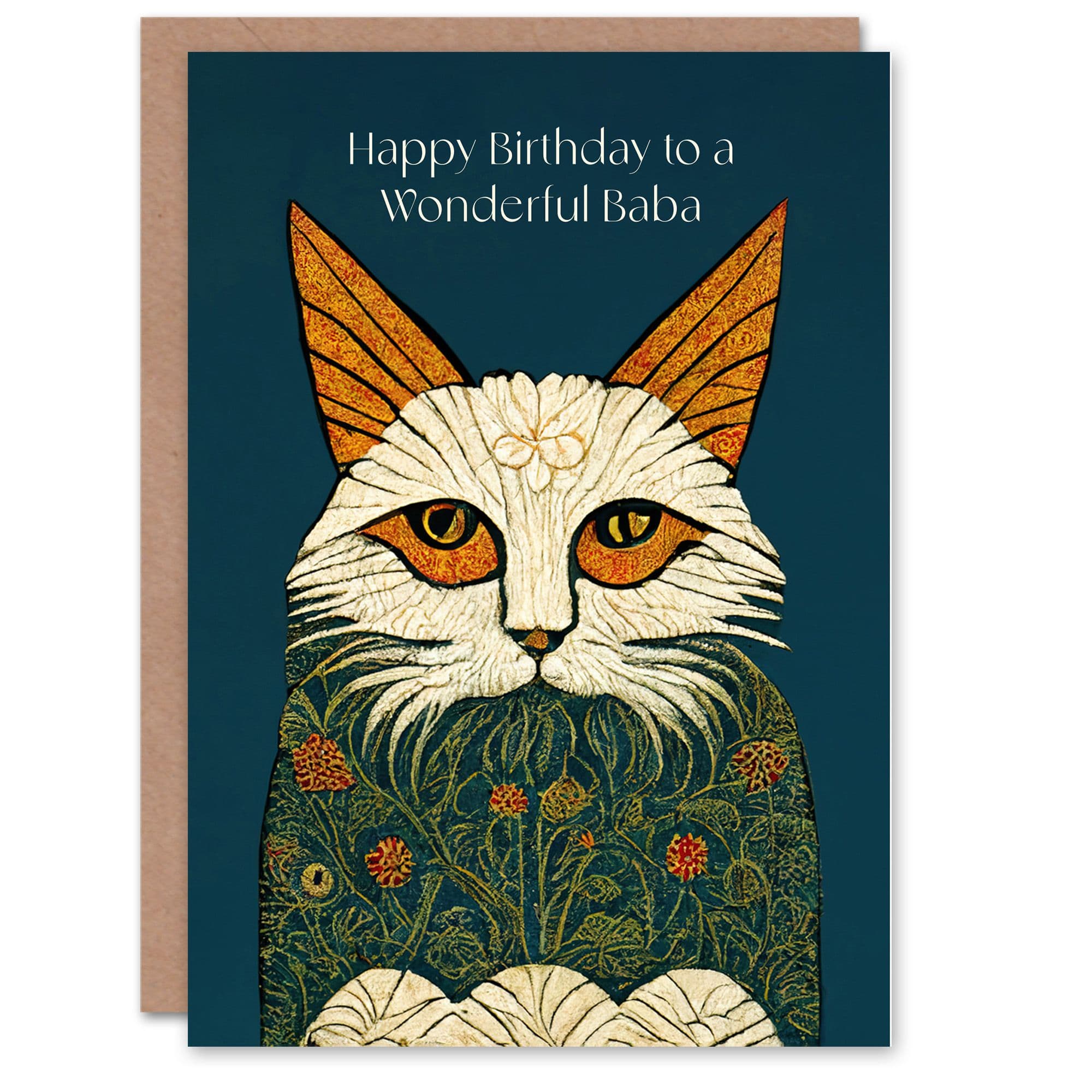 Happy Birthday to Wonderful Baba Medieval Art Flower Cat Lover Non Binary Card