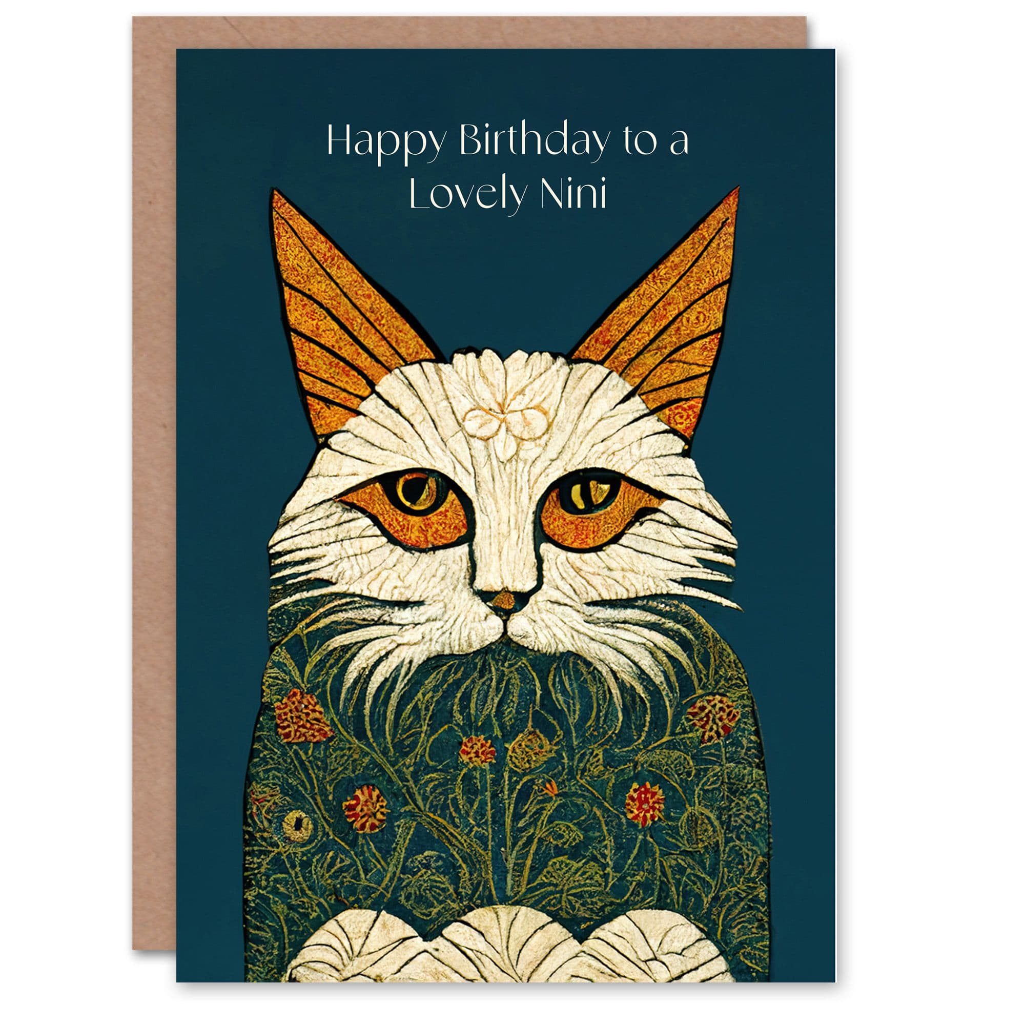 Happy Birthday to a Lovely Nini Medieval Art Flower Cat Lover Non Binary Gender Neutral Card