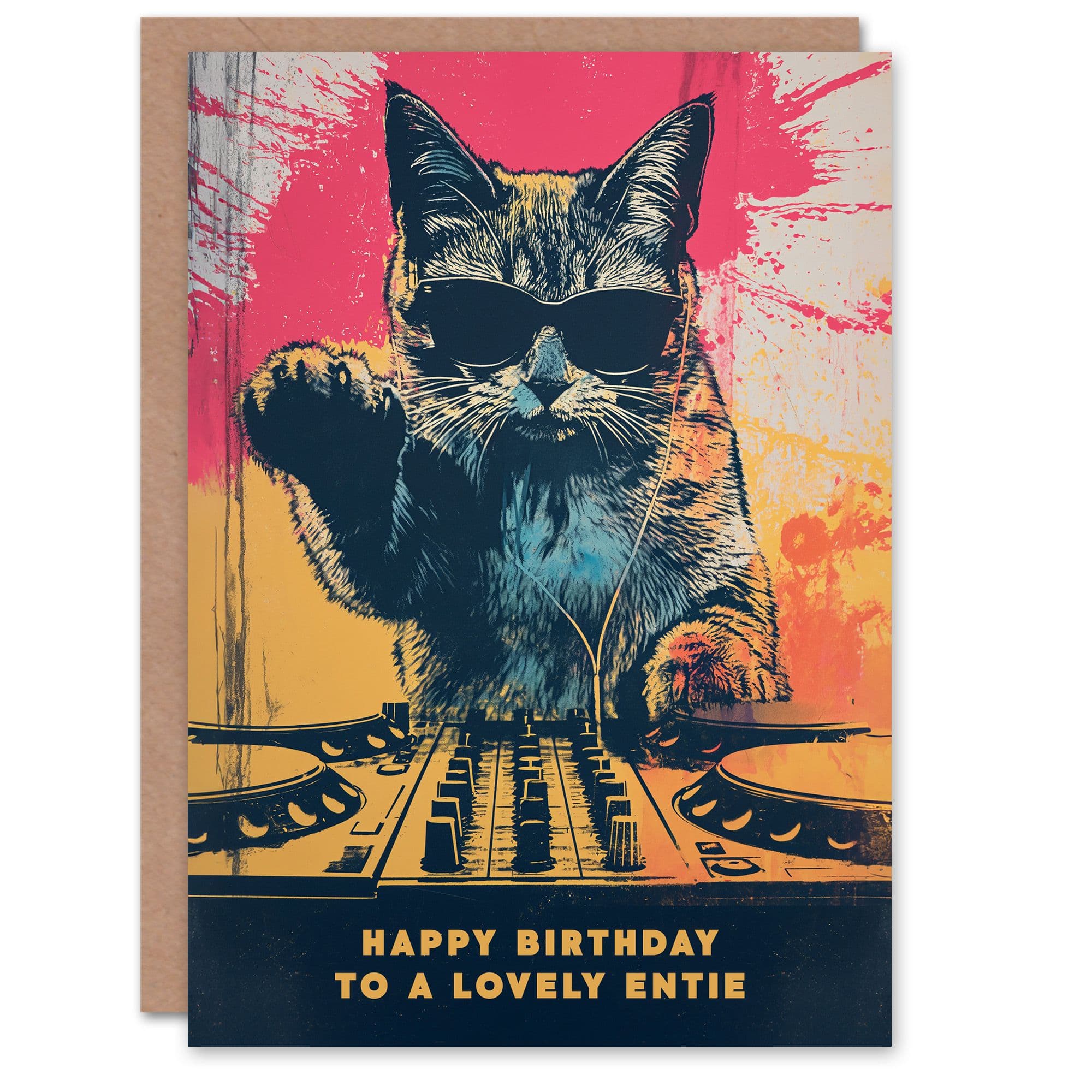 Happy Birthday to a Lovely Entie Grunge DJ Cat Lover Vinyl Decks Records Music Non Binary Gender Neutral Card