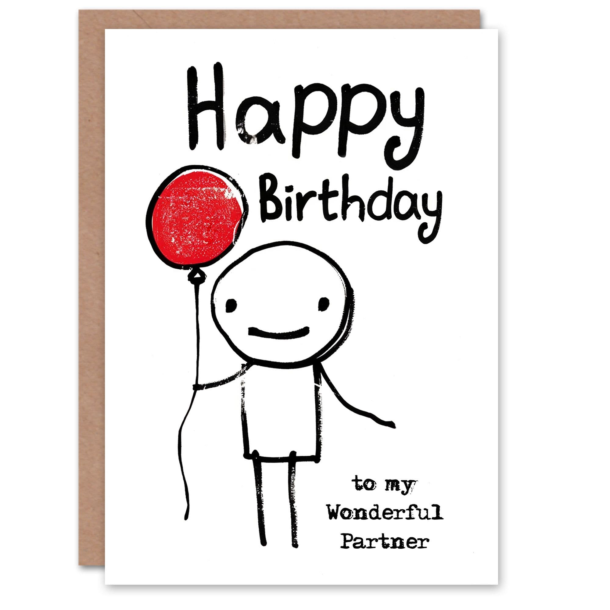 Happy Birthday to my Wonderful Partner Stick Figure Red Balloon Simple Non Binary Gender Neutral Card
