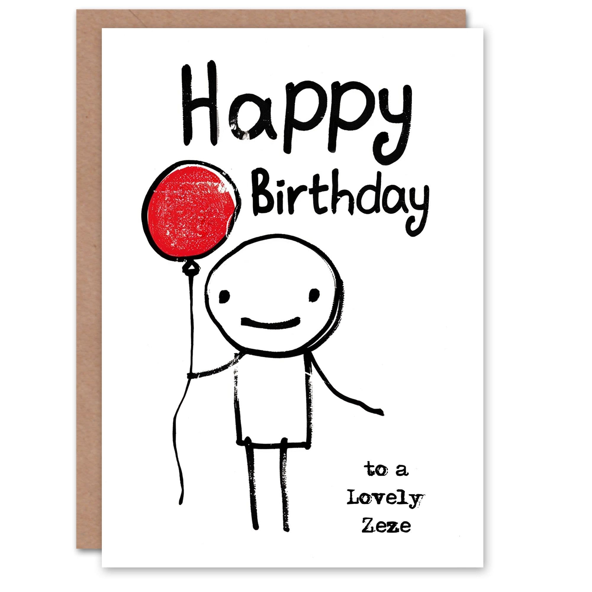 Happy Birthday to a Lovely Zeze Stick Figure Red Balloon Simple Non Binary Gender Neutral Card