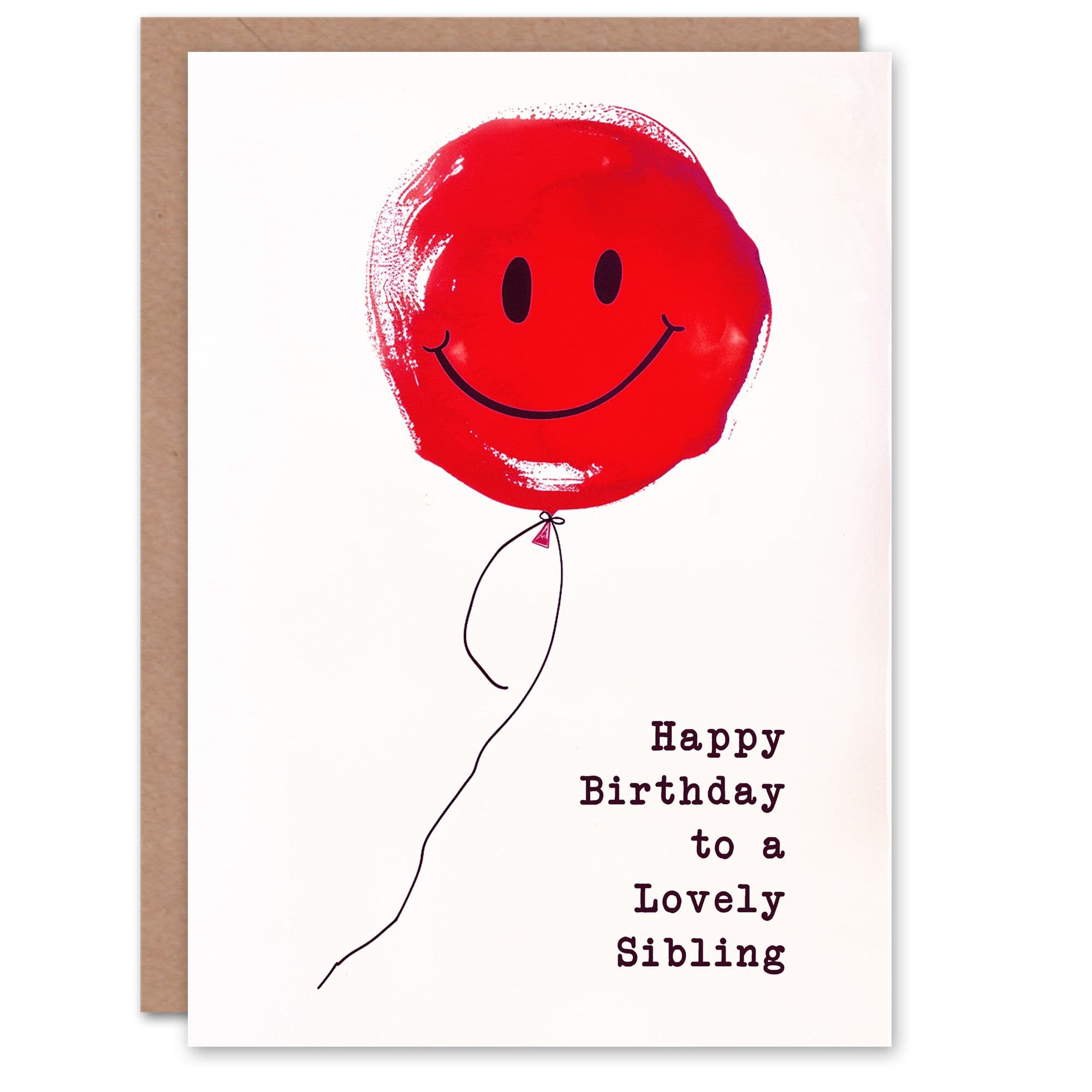 Happy Birthday to a Lovely Sibling Simple Smiley Face Red Balloon Fun Non Binary Gender Neutral Card
