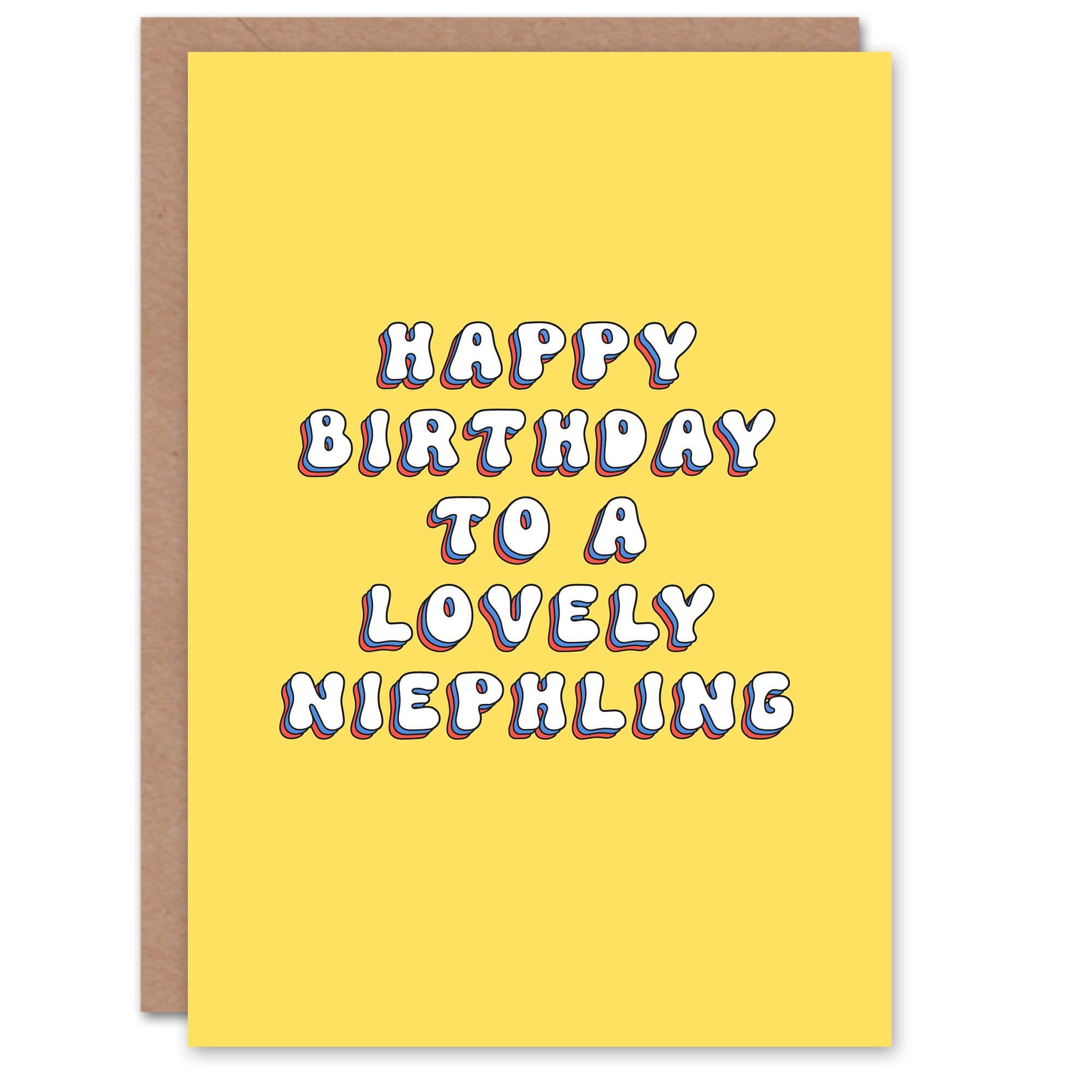 Happy Birthday to a Lovely Niephling Bright Fun Happy Hippie Letters Non Binary Gender Neutral Card