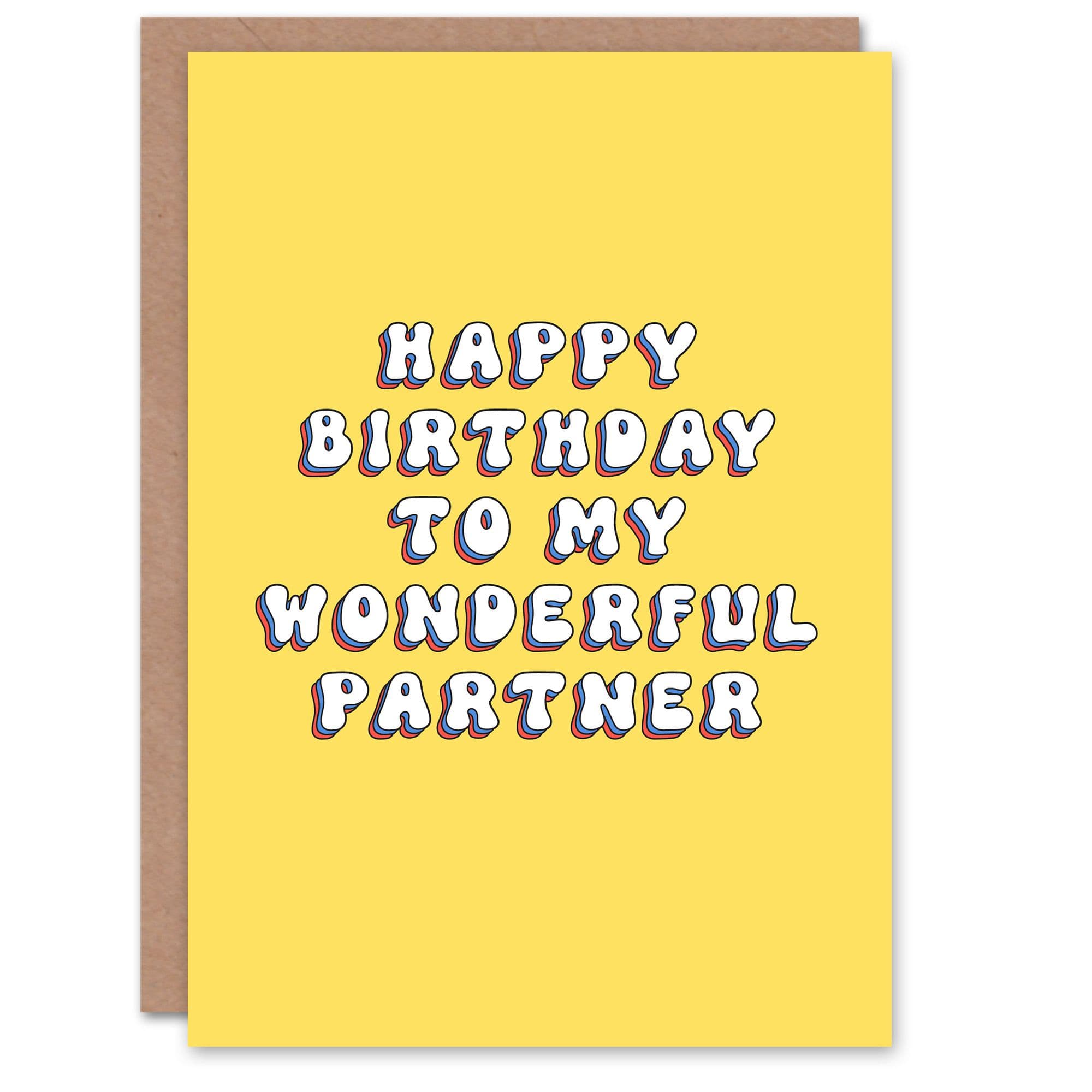 Happy Birthday to my Wonderful Partner Bright Fun Happy Hippie Letters Non Binary Card