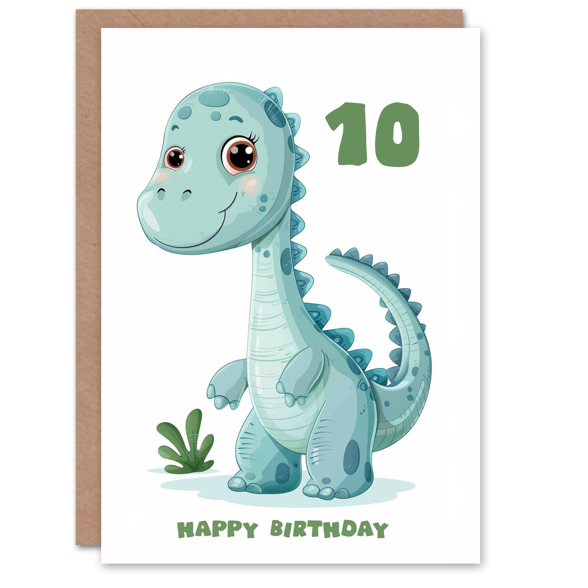 10th Birthday Card Cute Blue Baby Dinosaur Cartoon Kids Age 10 Year Old Child For Son Daughter Girl Boy Happy Card