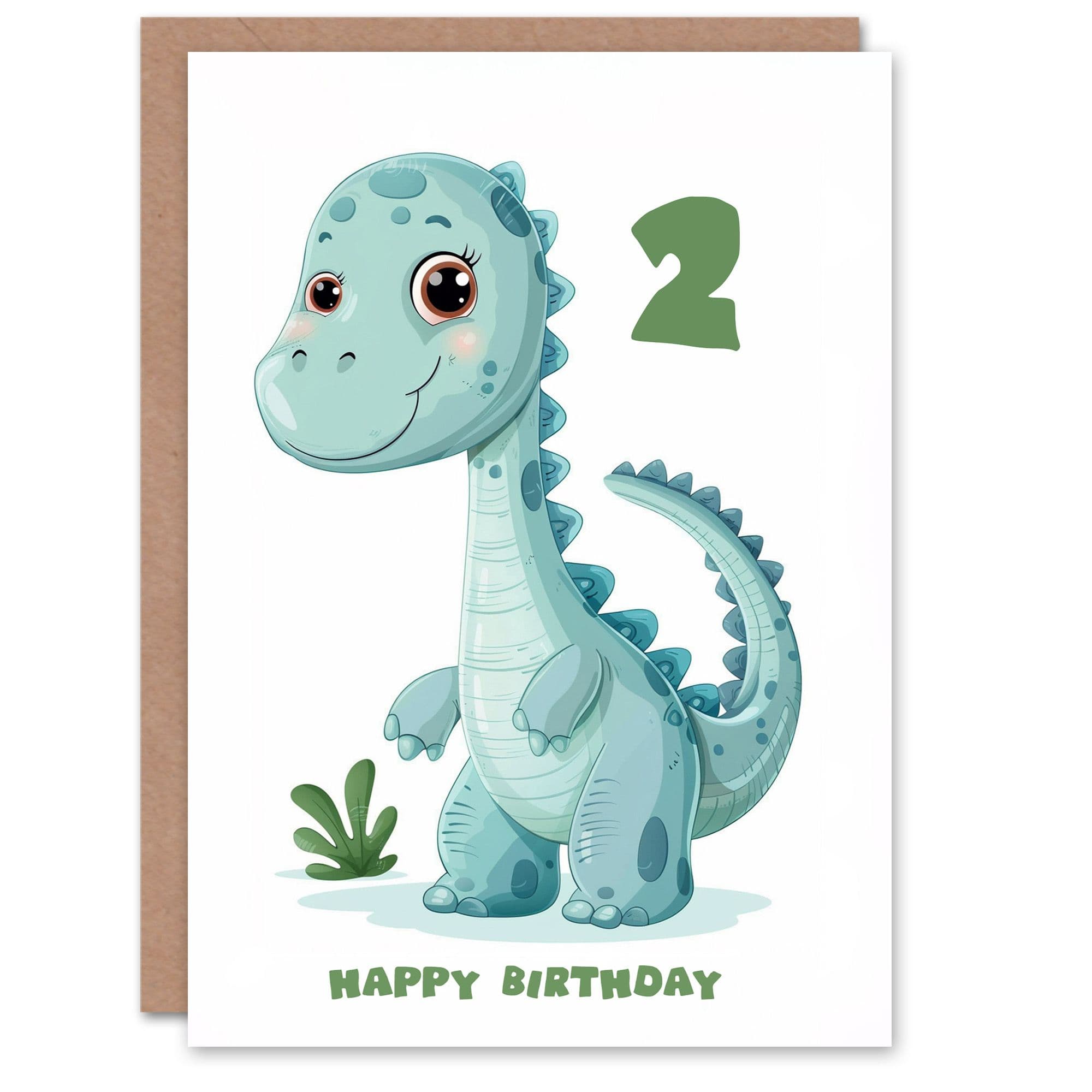 2nd Birthday Card Cute Blue Baby Dinosaur Cartoon Kids Age 2 Year Old Child For Son Daughter Girl Boy Happy Card