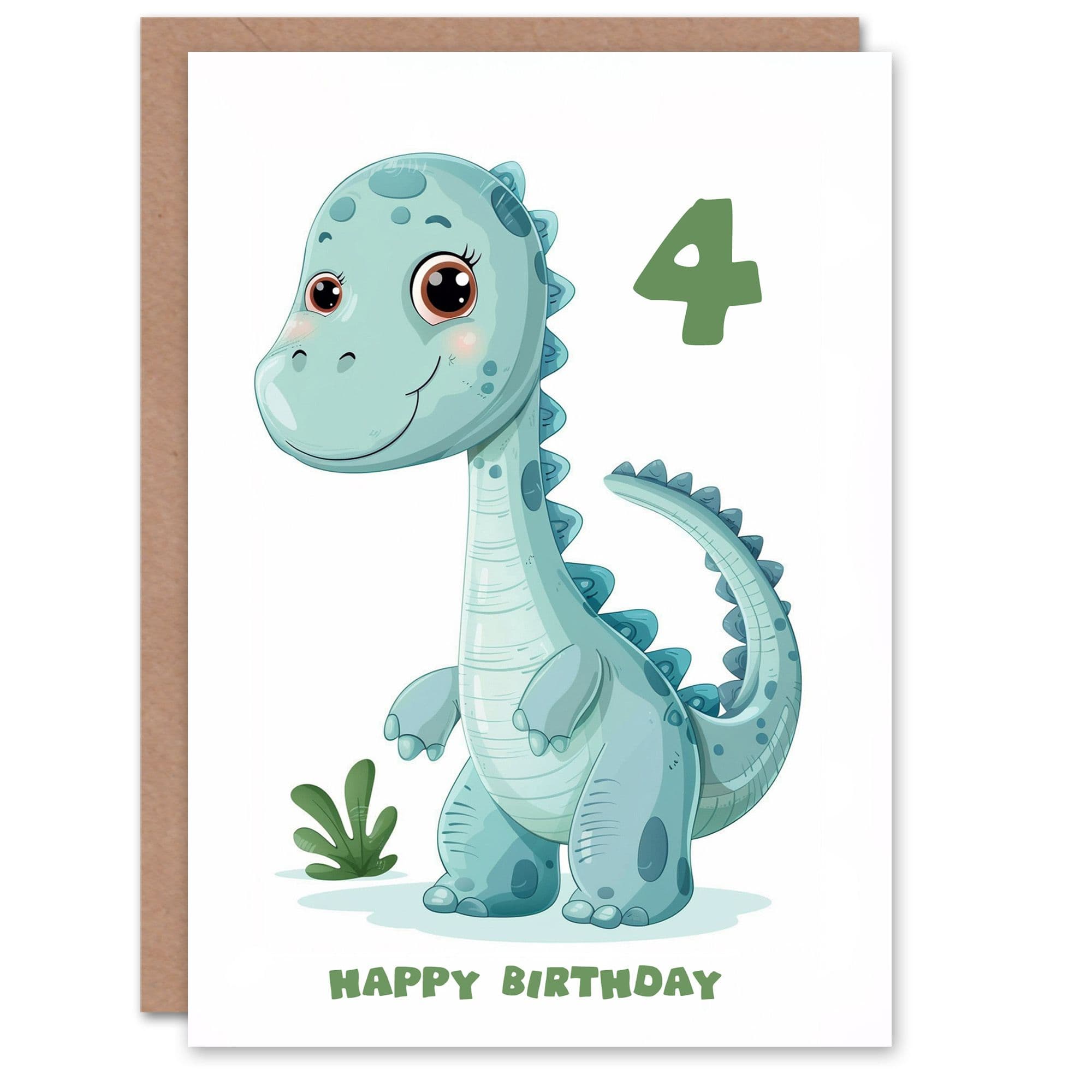4th Birthday Card Cute Blue Baby Dinosaur Cartoon Kids Age 4 Year Old Child For Son Daughter Girl Boy Happy Card