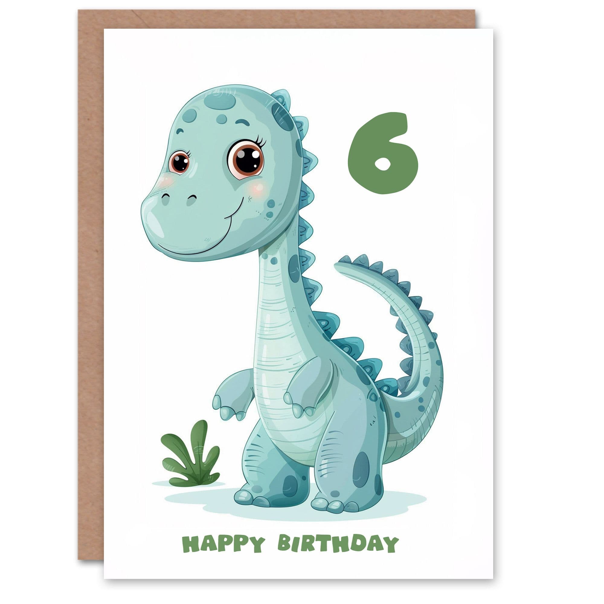 6th Birthday Card Cute Blue Baby Dinosaur Cartoon Kids Age 6 Year Old Child For Son Daughter Girl Boy Happy Card