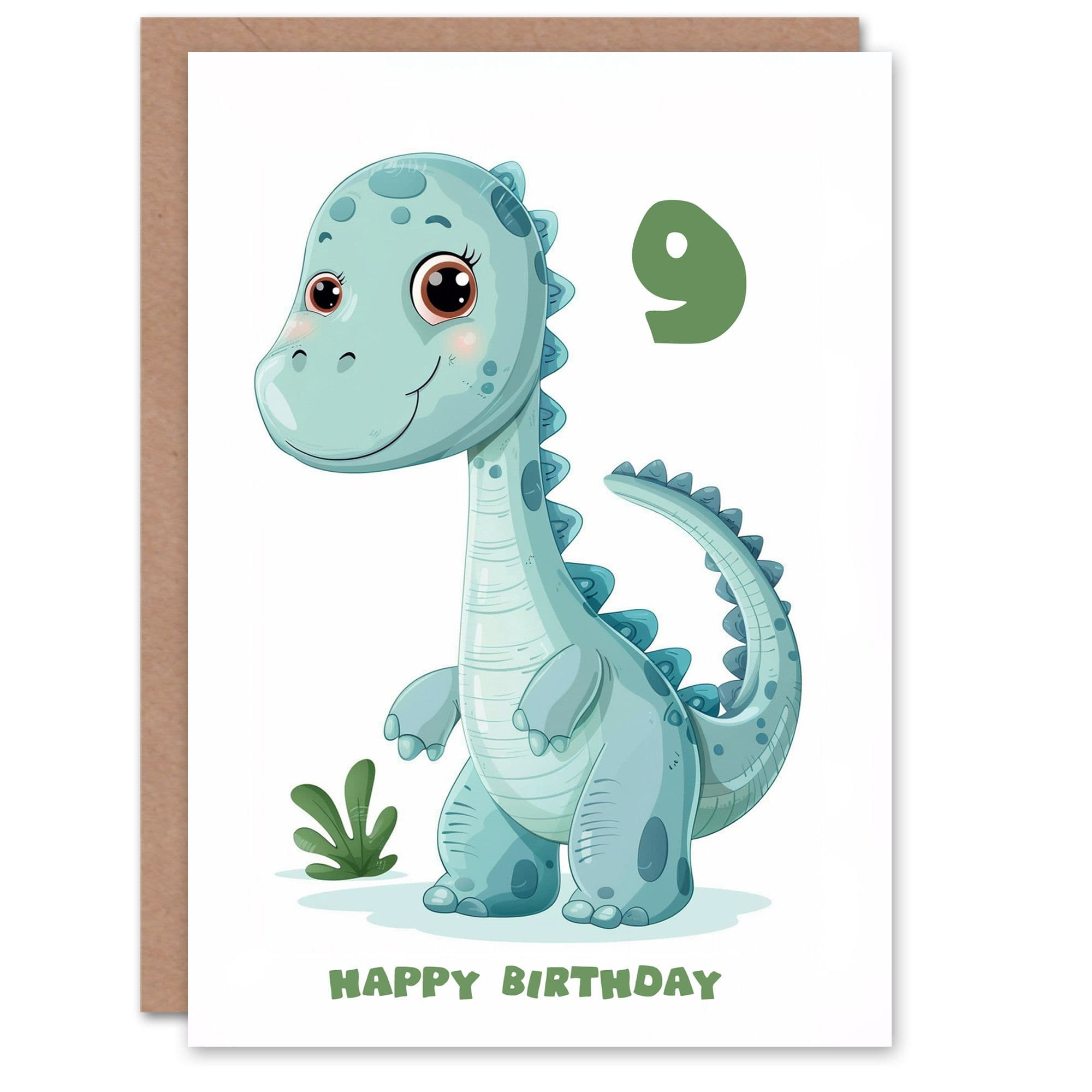 9th Birthday Card Cute Blue Baby Dinosaur Cartoon Kids Age 9 Year Old Child For Son Daughter Girl Boy Happy Card