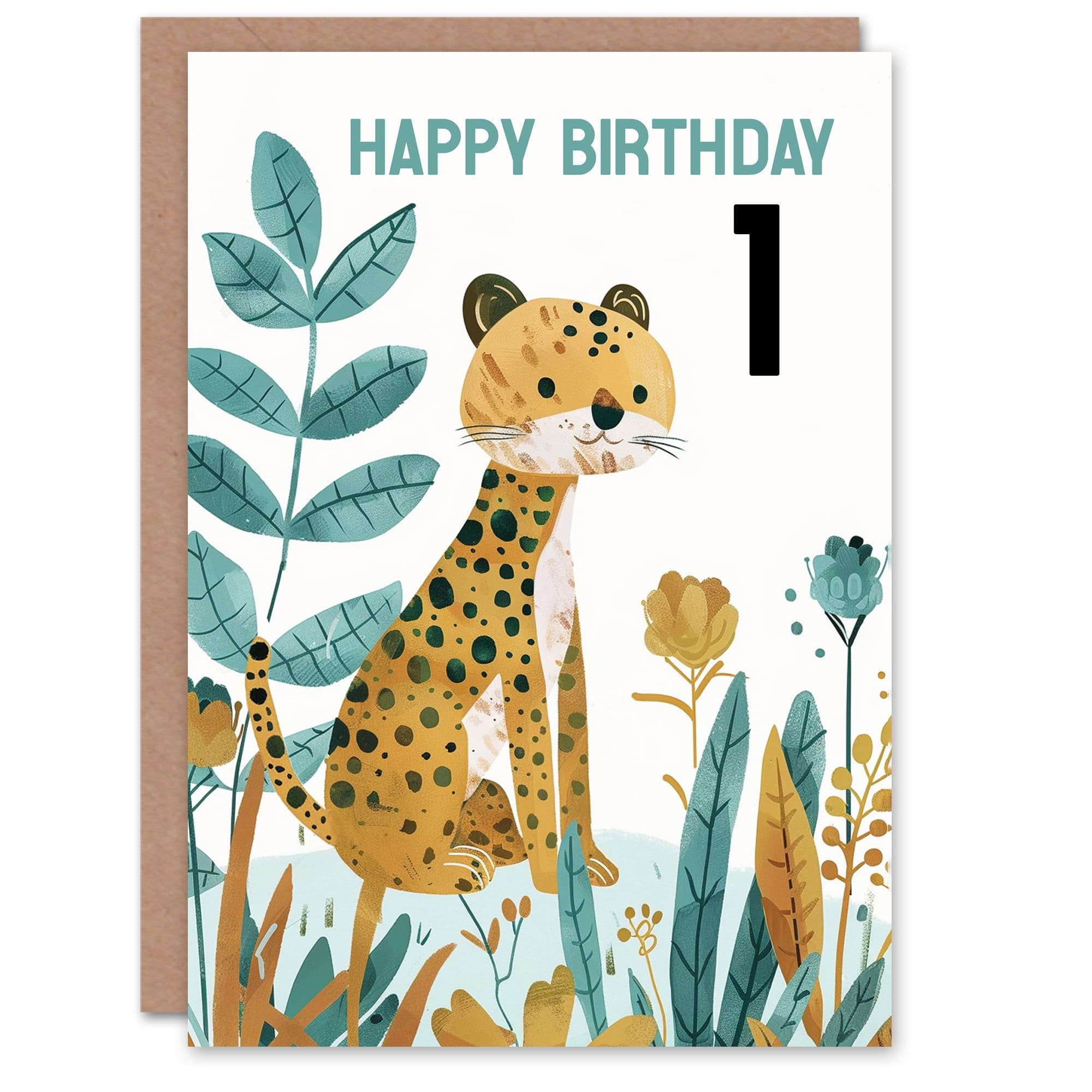1st Birthday Card Cute Cheetah Jungle Plants Fun Age Old Son Daughter Happy Card