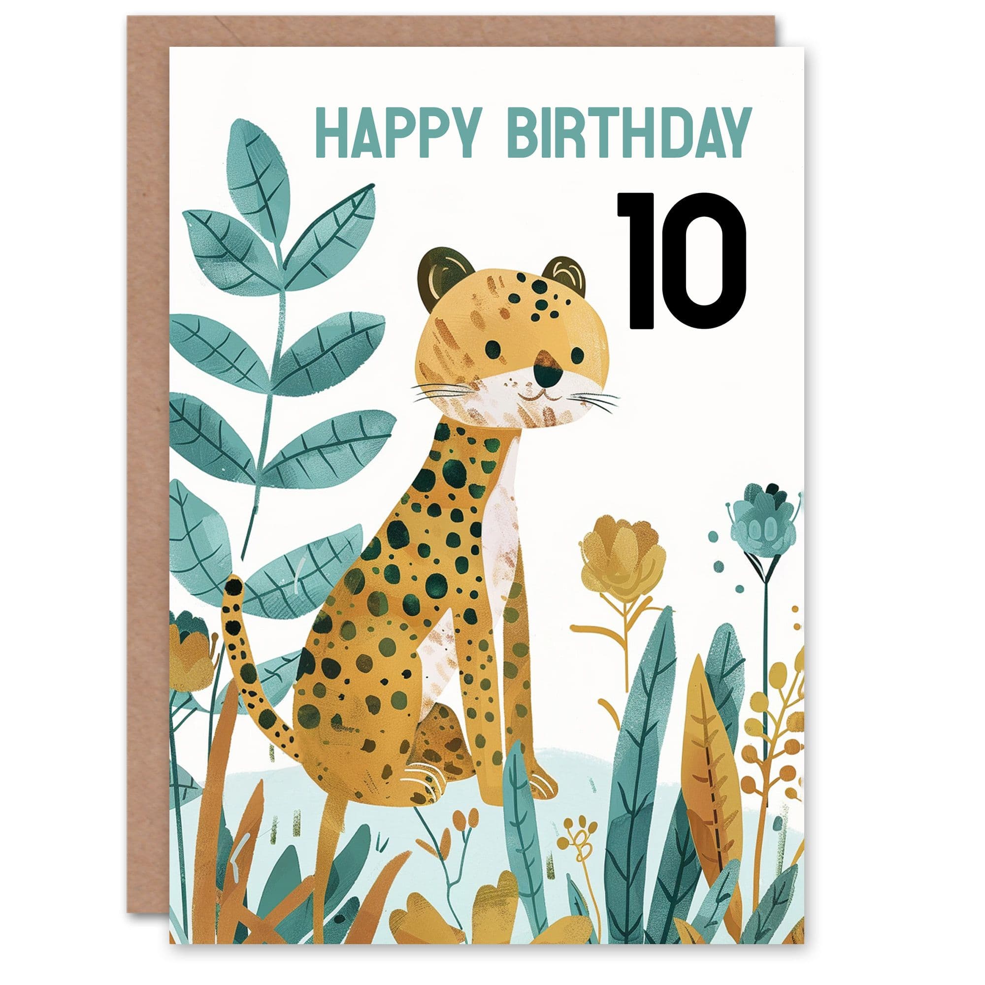 10th Birthday Card Cute Cheetah Jungle Plants Fun Age Old Son Daughter Happy Card