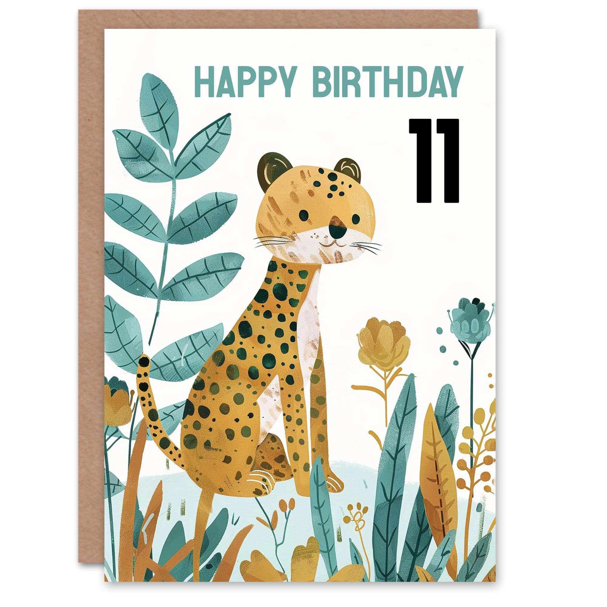 11th Birthday Card Cute Cheetah Jungle Plants Fun Kids Age 11 Year Old Child For Son Daughter Girl Boy Happy Card