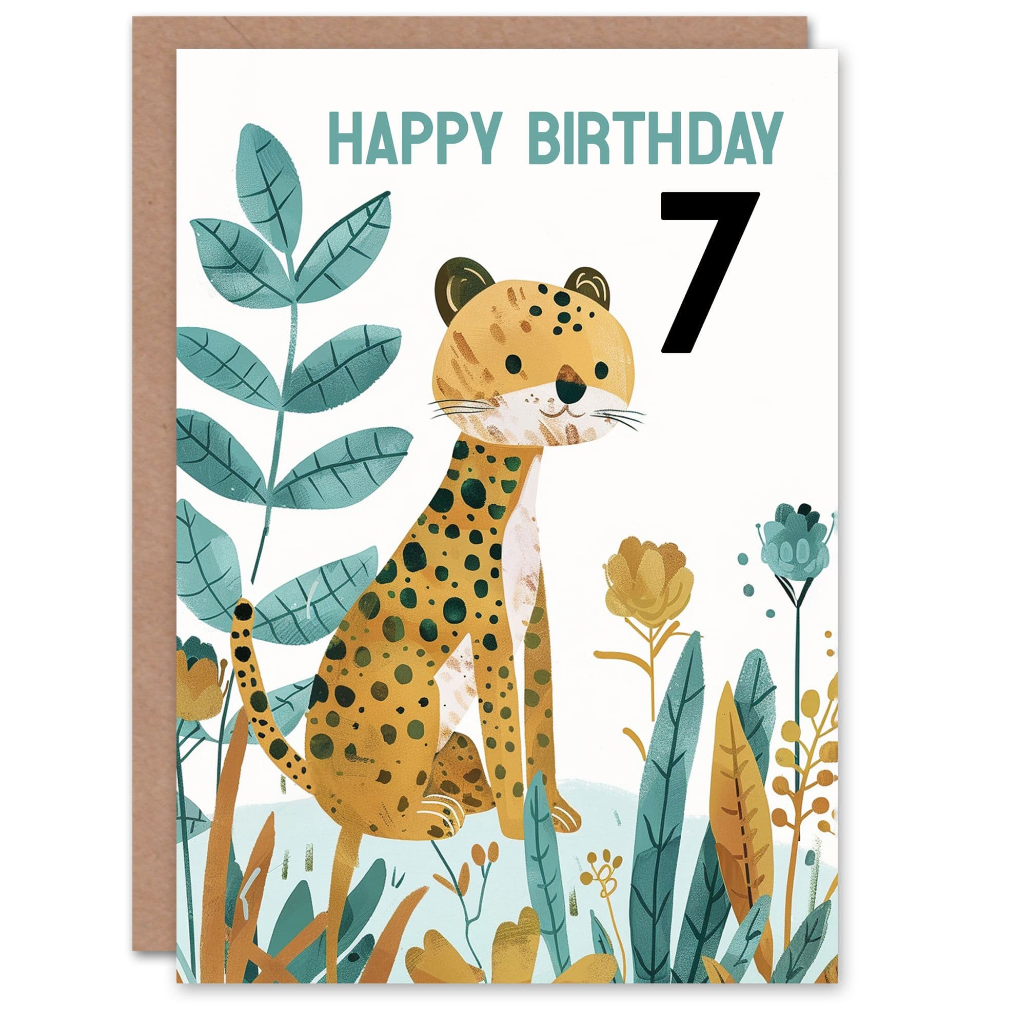 7th Birthday Card Cute Cheetah Jungle Plants Fun Kids Age 7 Year Old Child For Son Daughter Girl Boy Happy Card