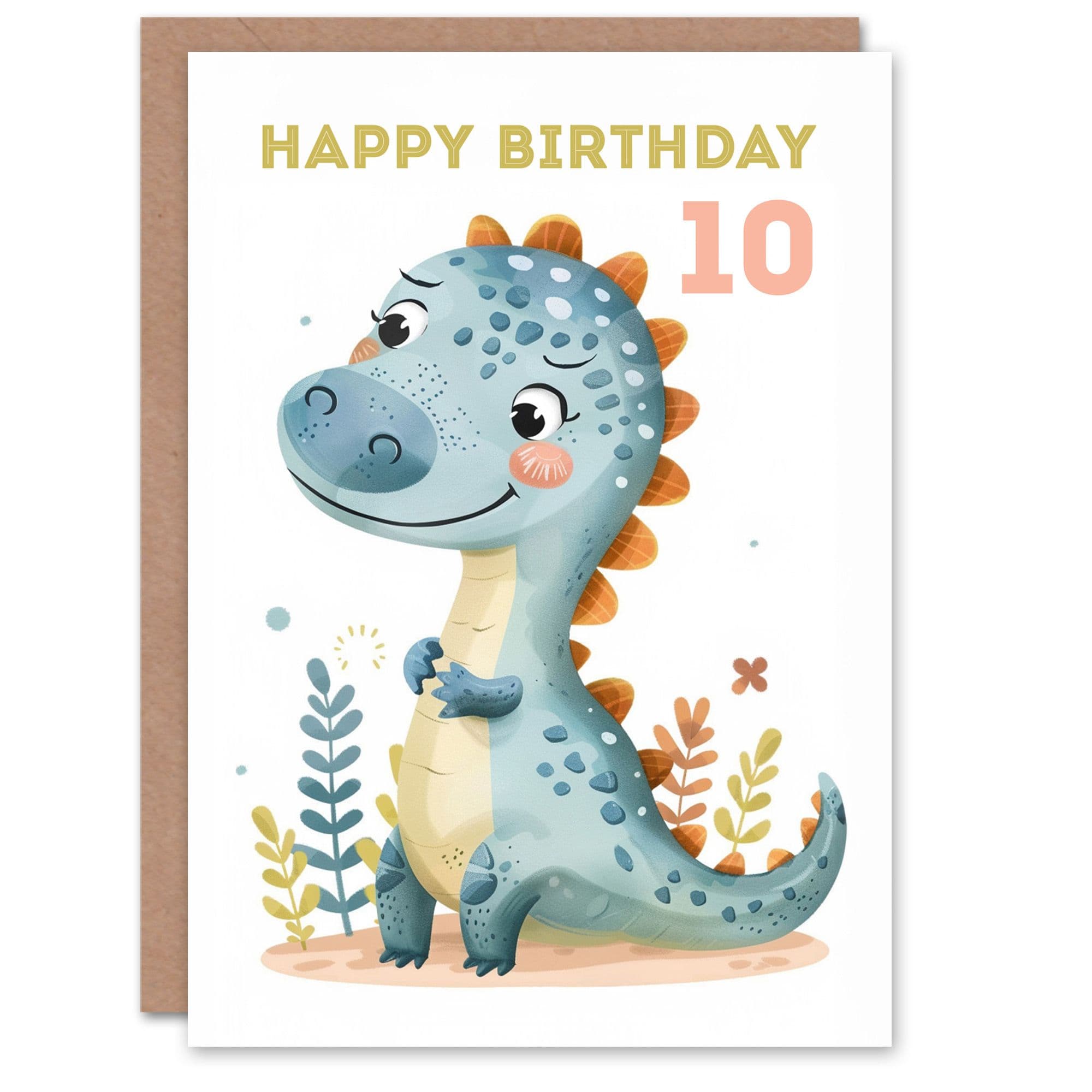 10th Birthday Card Cute Dinosaur Cartoon Drawing Fun Age Old Son Daughter Happy Card