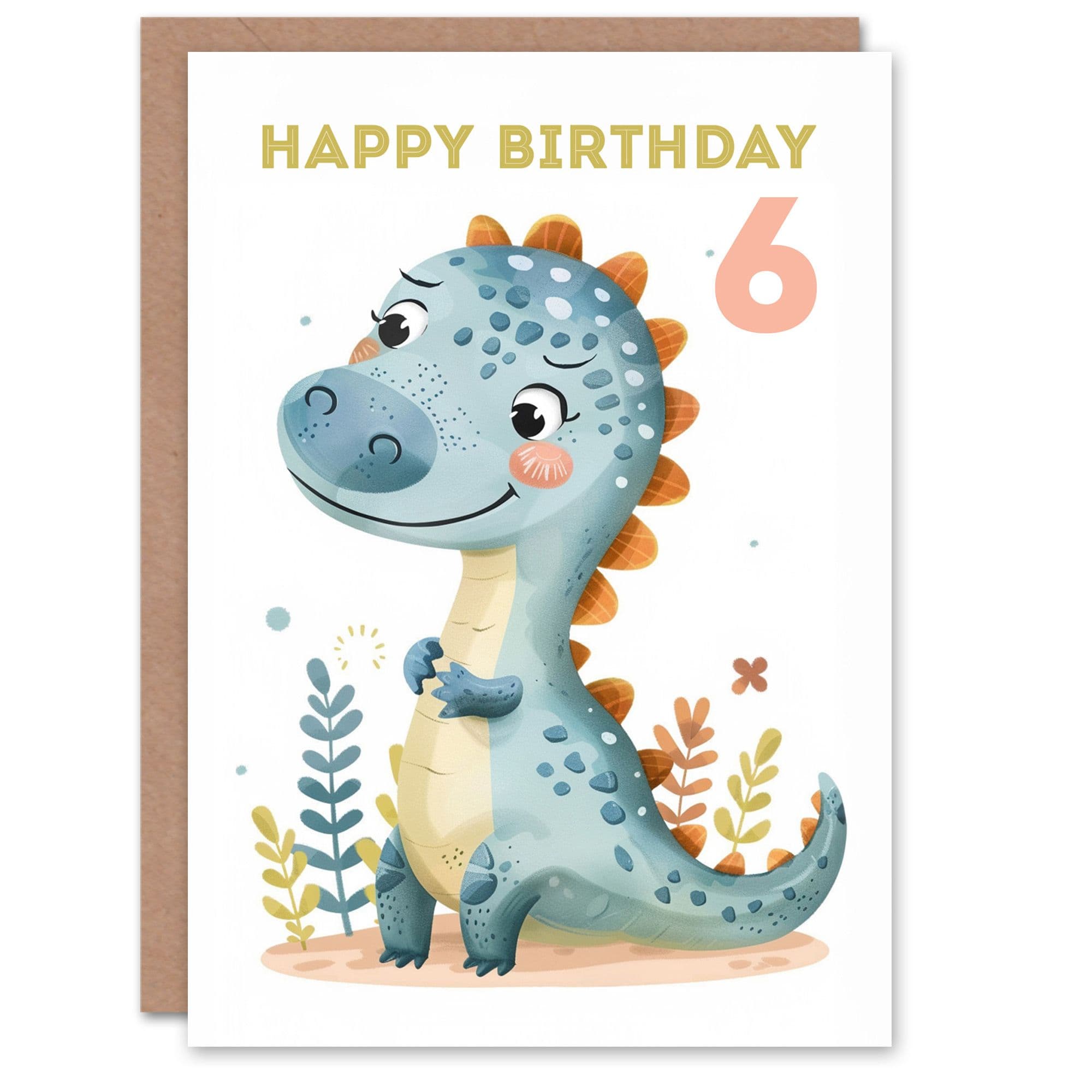 6th Birthday Card Cute Blue Dinosaur Cartoon Drawing Fun Kids Age 6 Year Old Child For Son Daughter Girl Boy Happy Card