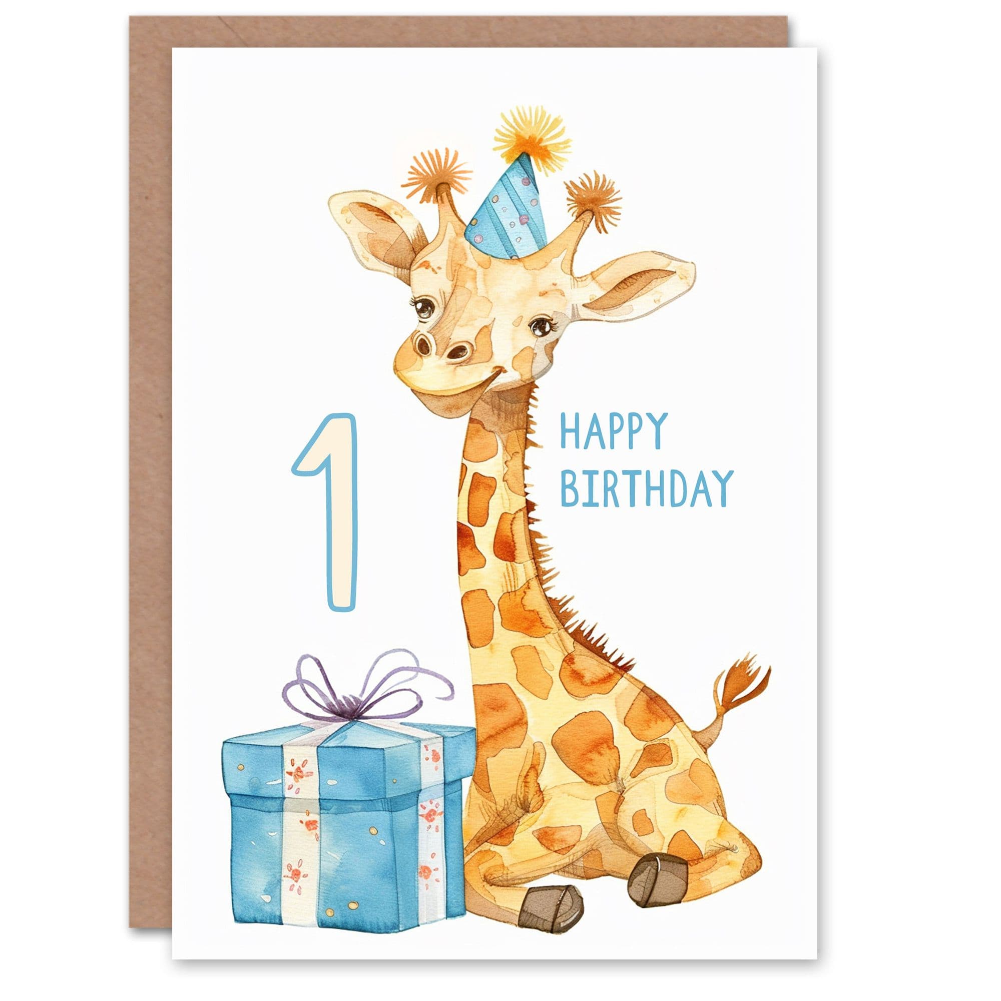 1st Birthday Card Cute Giraffe Party Hat Cartoon Fun Age Old Son Daughter Happy Card