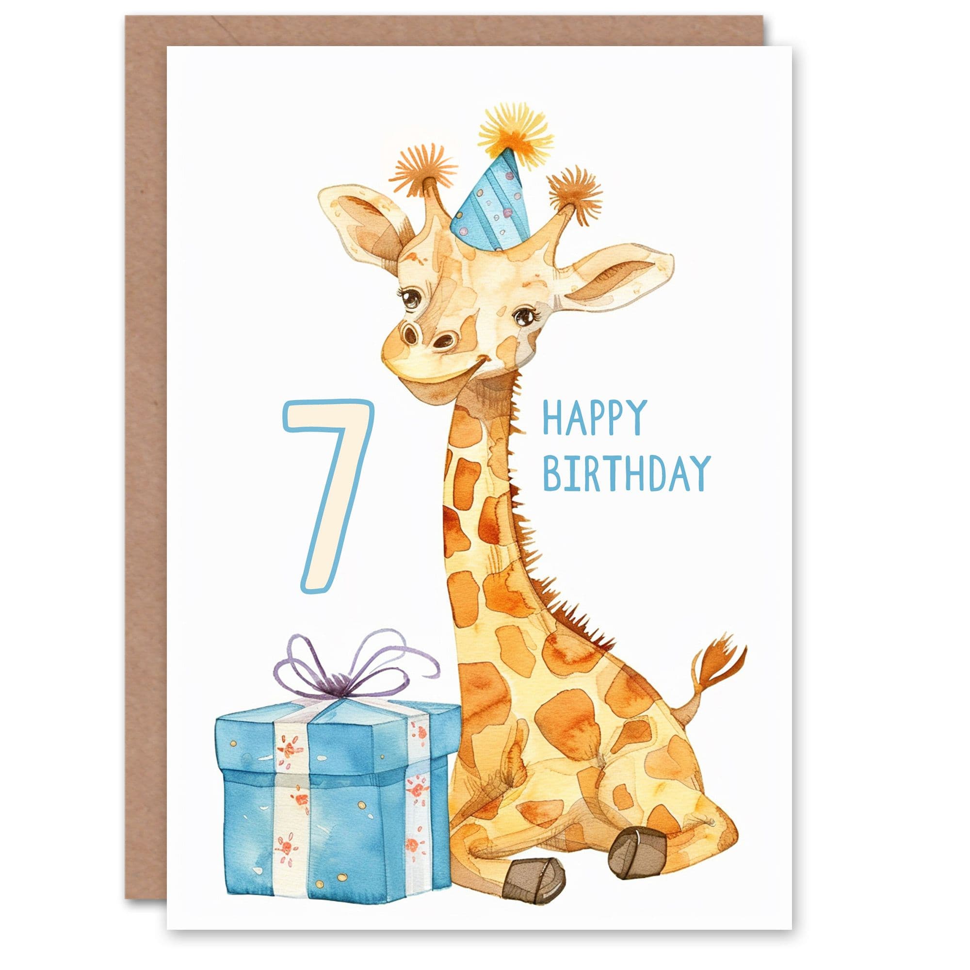7th Birthday Card Cute Giraffe Party Hat Cartoon Fun Kids Age 7 Year Old Child For Son Daughter Girl Boy Happy Card