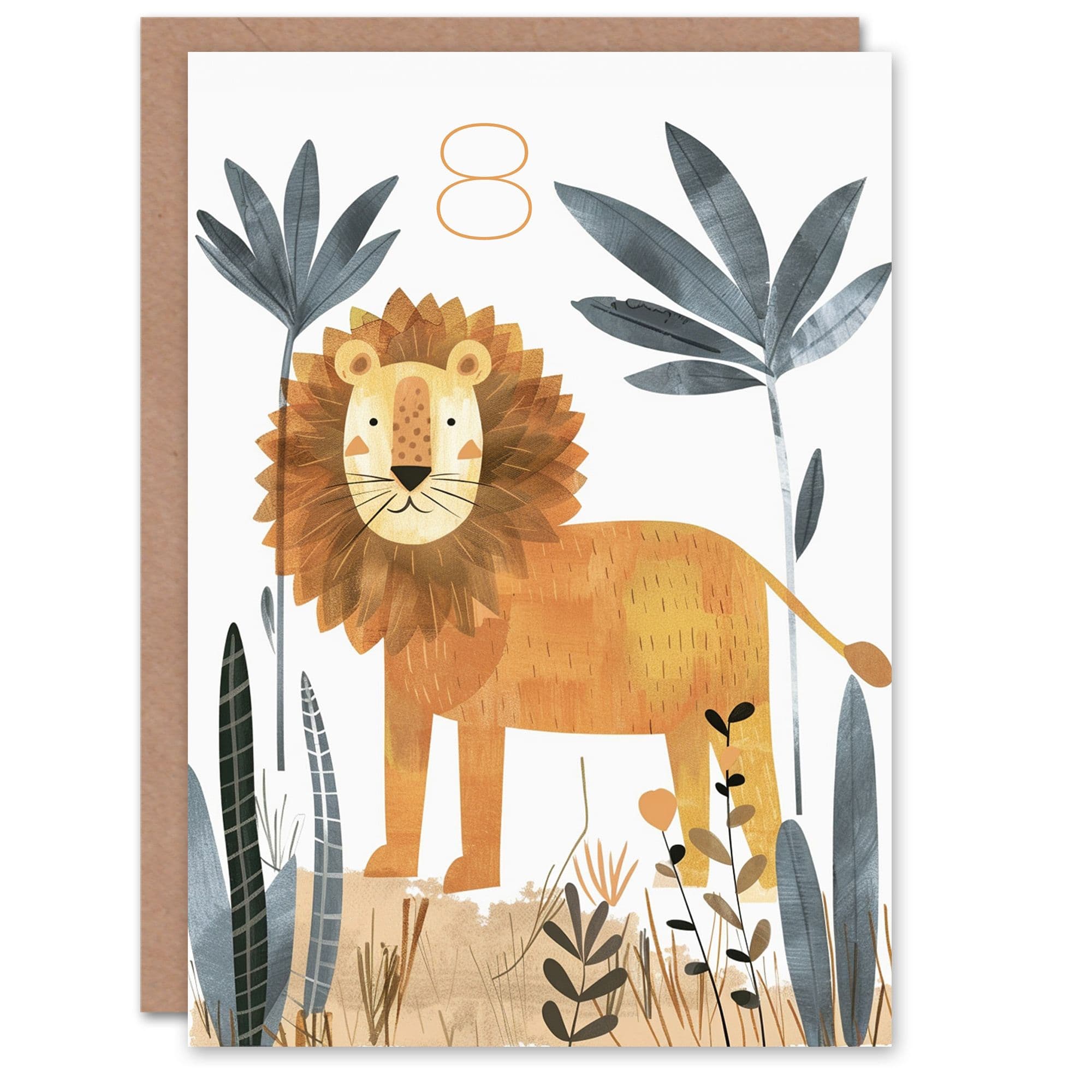 8th Birthday Card Cute Jungle Lion Fun Drawing Kids Age 8 Year Old Child For Son Daughter Girl Boy Happy Card