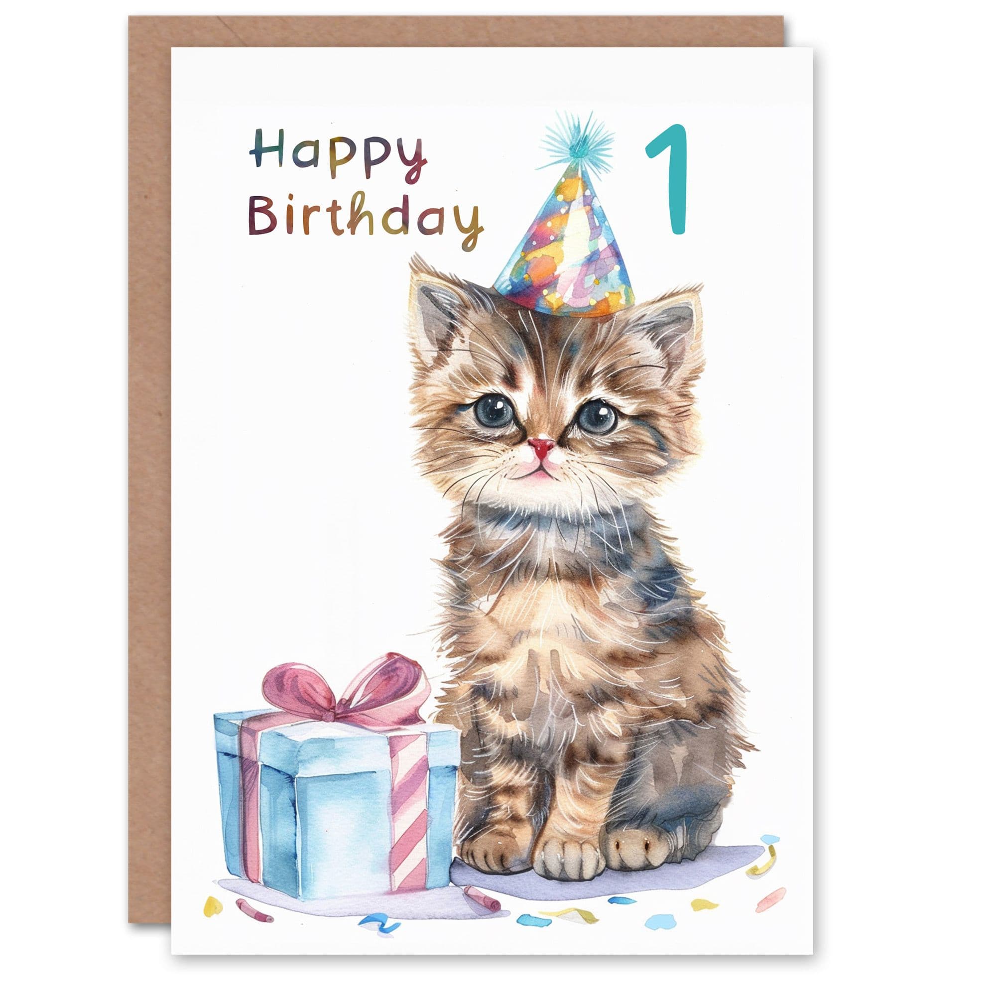 1st Birthday Card Cute Cat Kitten Party Hat Age Old Son Daughter Happy Card