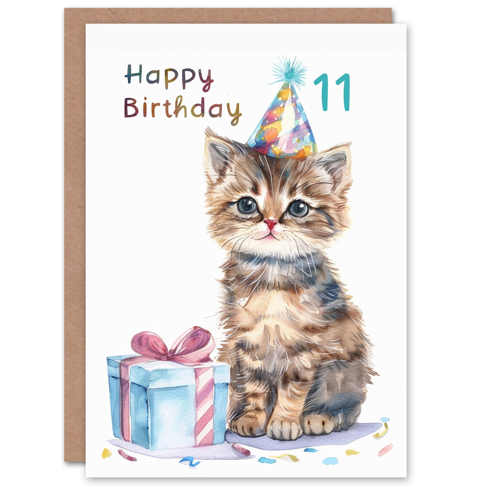 11th Birthday Card Cute Baby Cat Kitten Party Hat Kids Age 11 Year Old Child For Son Daughter Girl Boy Happy Card