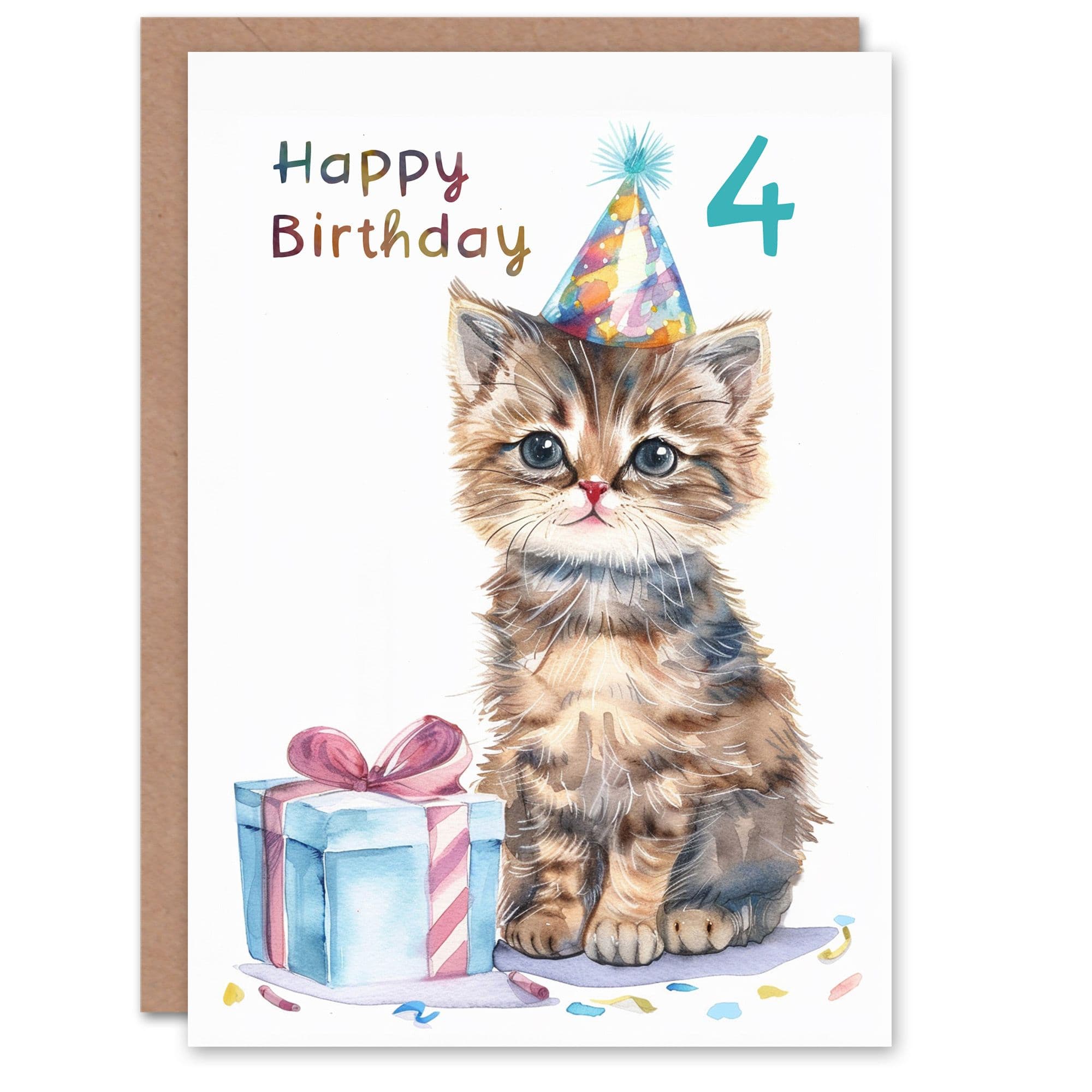 4th Birthday Card Cute Cat Kitten Party Hat Age Old Son Daughter Happy Card