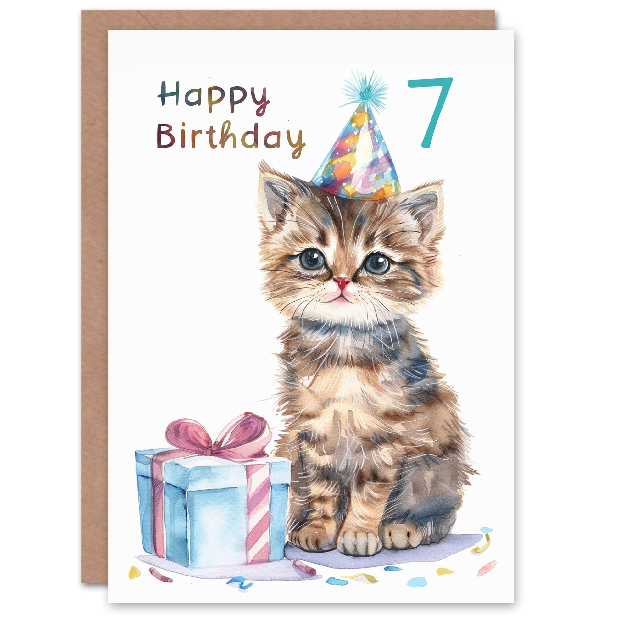 7th Birthday Card Cute Cat Kitten Party Hat Age Old Son Daughter Happy Card