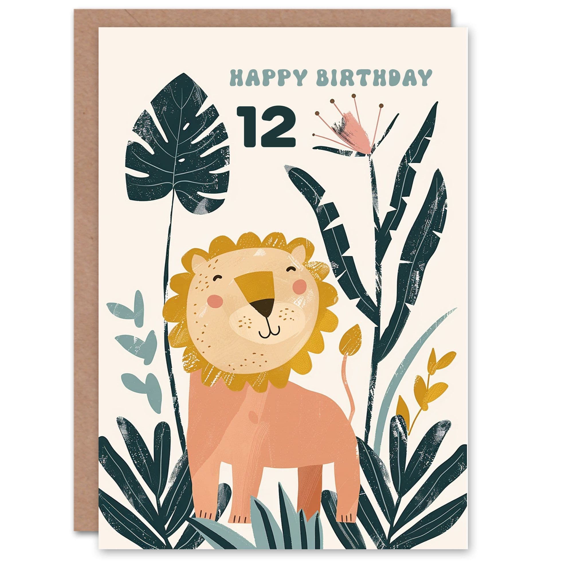 12th Birthday Card Cute Happy Lion Jungle Flowers Age Old Son Daughter Happy Card