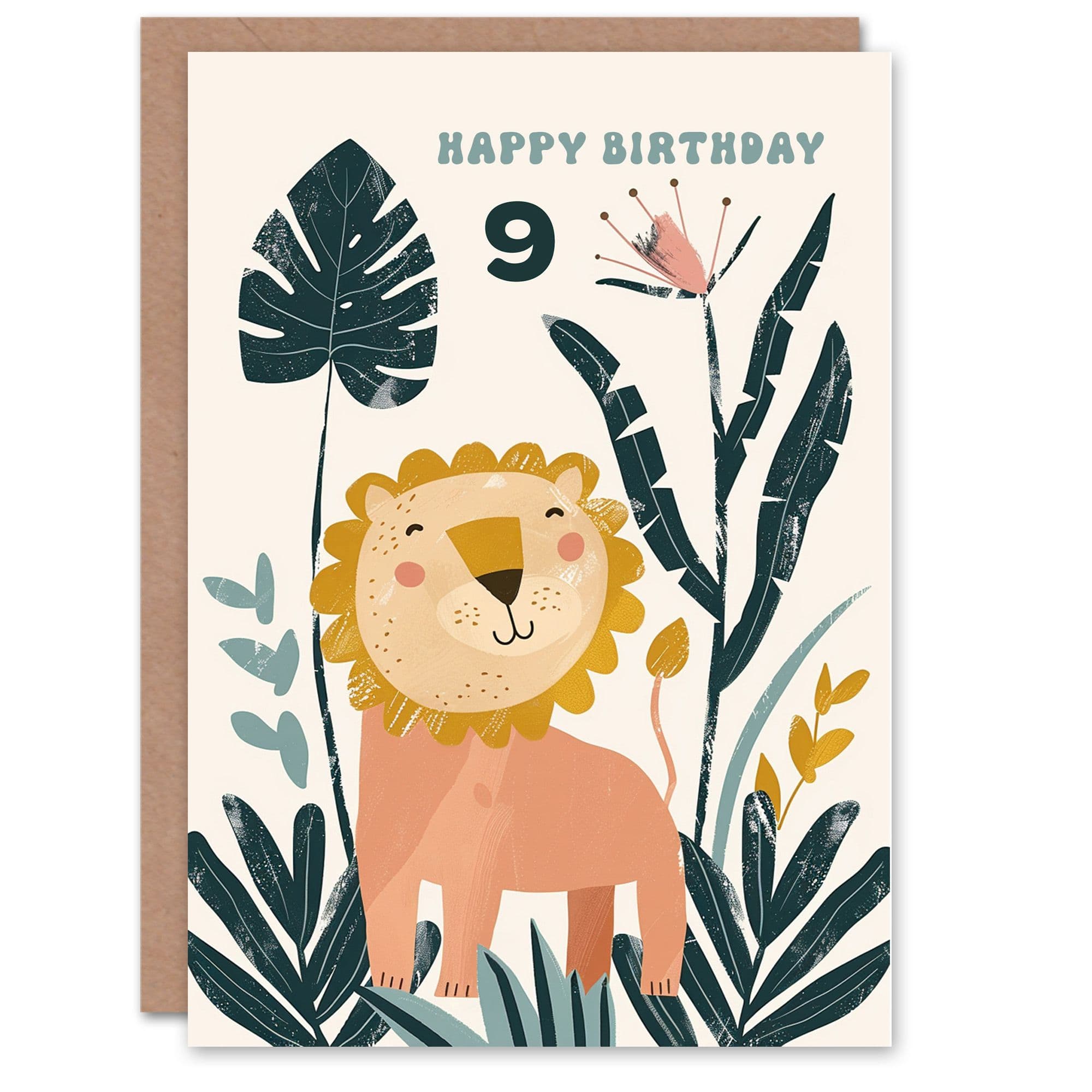 9th Birthday Card Cute Happy Lion Jungle Flowers Kids Age 9 Year Old Child For Son Daughter Girl Boy Happy Card