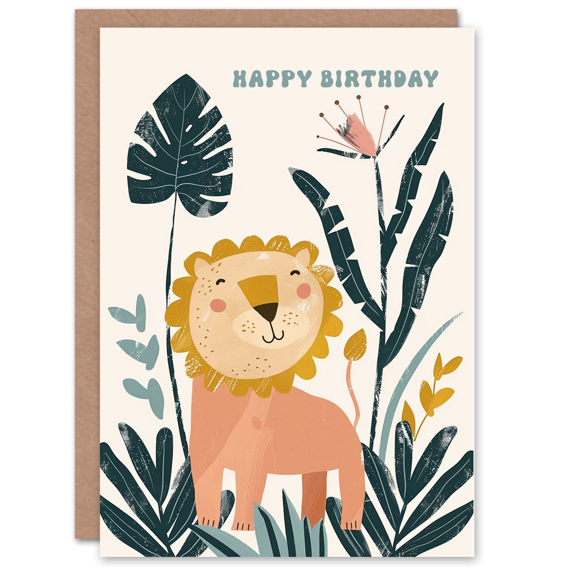 Birthday Card Cute Happy Lion Jungle Flowers Son Daughter Happy Card