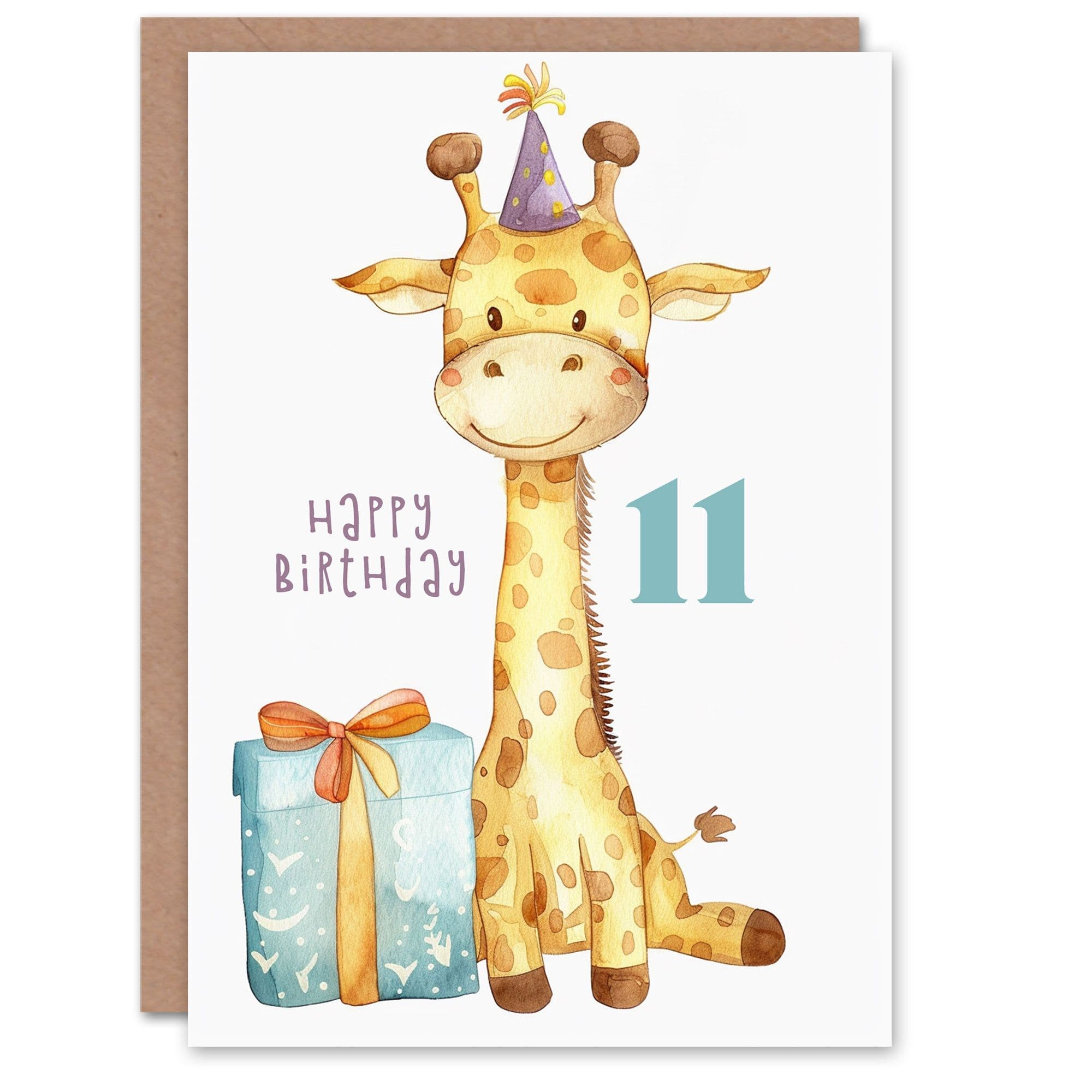 11th Birthday Card Cute Baby Giraffe in Party Hat Cartoon Kids Age 11 Year Old Child For Son Daughter Girl Boy Happy Card