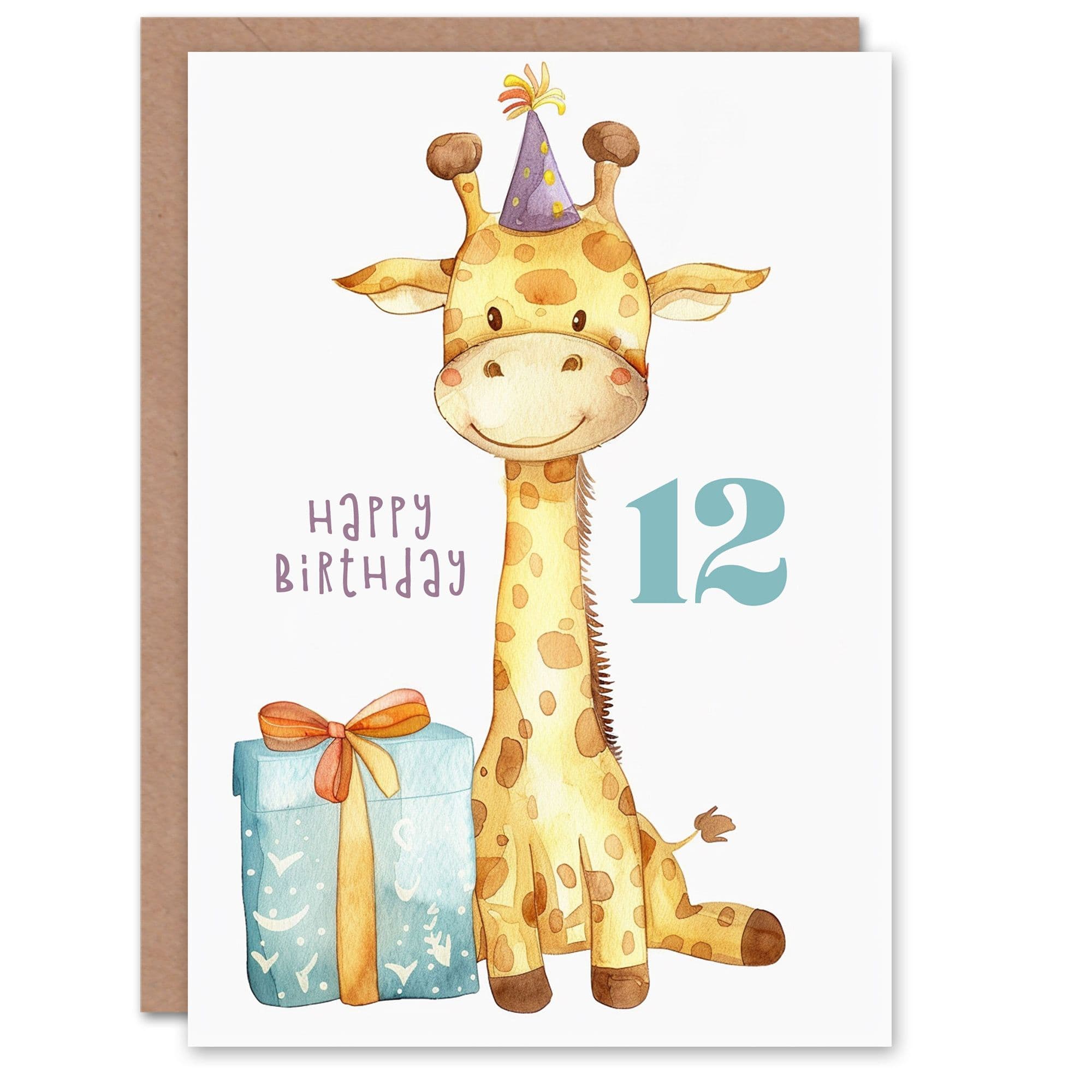 12th Birthday Card Cute Baby Giraffe in Party Hat Cartoon Kids Age 12 Year Old Child For Son Daughter Girl Boy Happy Card